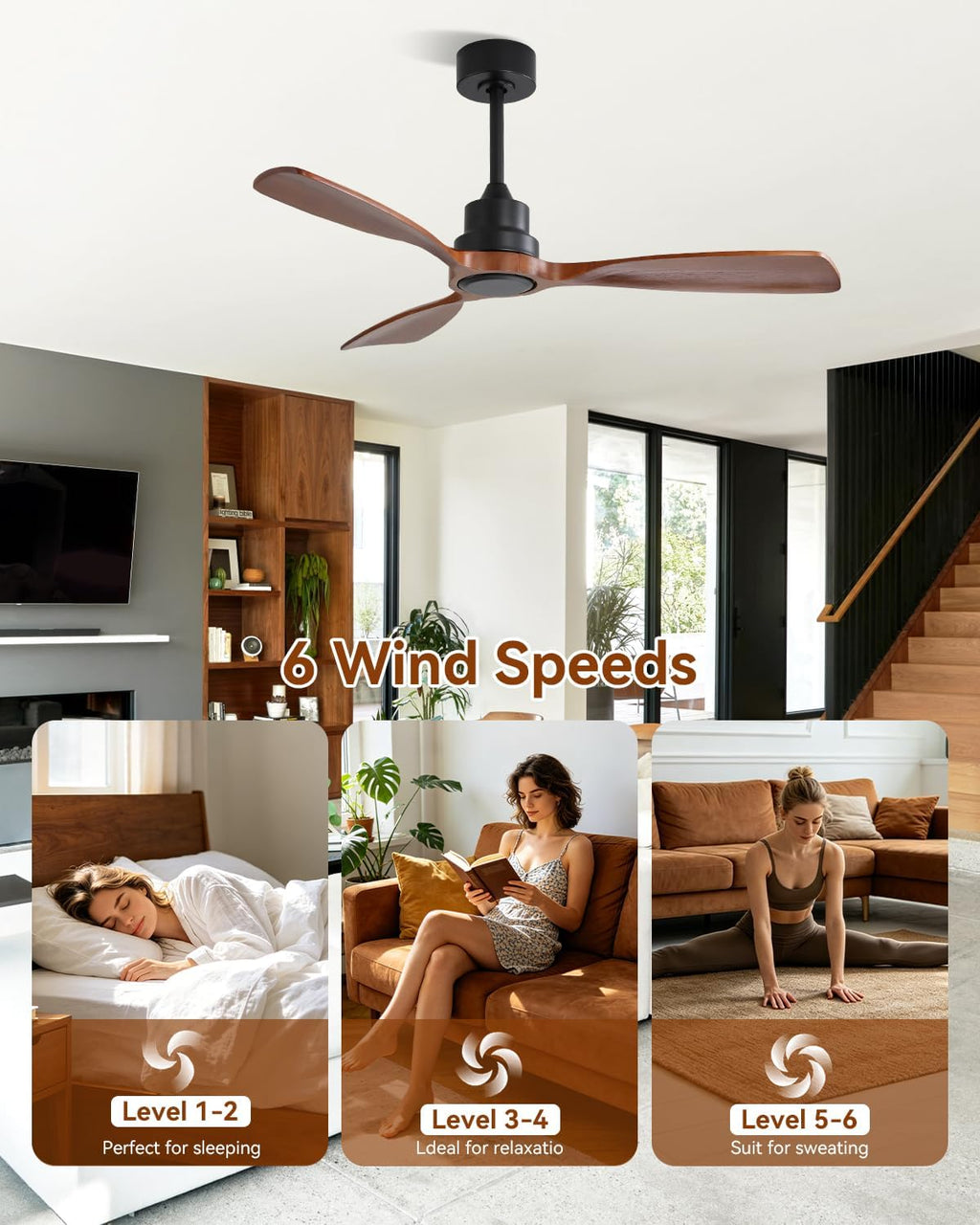 Sofucor 48 Inch Smart Ceiling Fan No Light-Outdoor Smart Ceiling Fan with Alexa/Google/APP/Remote Control,Walnut Wood Blades Ceiling Fan Without Light,Modern Ceiling Fan for Indoor Bedroom/Living Room