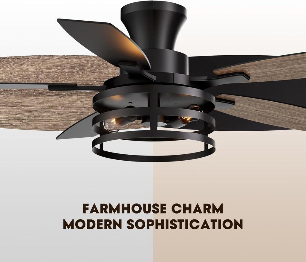 42 Inch Flush Mount Ceiling Fans with Lights and Remote Control, Farmhouse Ceiling Fan with LED Lighting for Bedroom Living Room and Patio, Black Caged Ceiling Fan for Indoor and Outdoor(NO Bulbs)