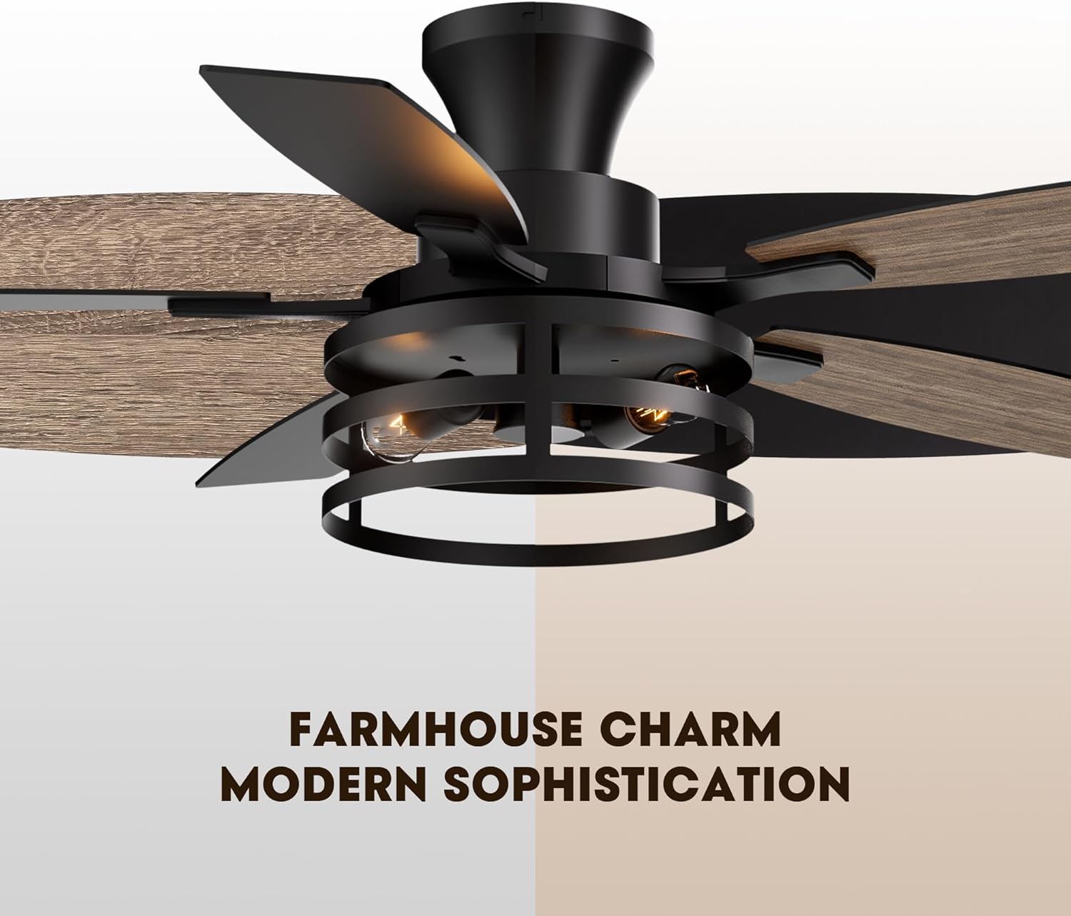 42 Inch Flush Mount Ceiling Fans with Lights and Remote Control, Farmhouse Ceiling Fan with LED Lighting for Bedroom Living Room and Patio, Black Caged Ceiling Fan for Indoor and Outdoor(NO Bulbs)
