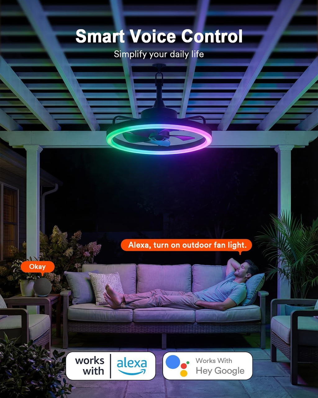 Lumary Smart Outdoor Ceiling Fans with RGBAI Lights for Patio, Wi-Fi Bluetooth Connect, Work with Alexa Google, Waterproof Plug in Ceiling Fan with Hook/Remote/APP Control for Pergola Gazebo, 20in