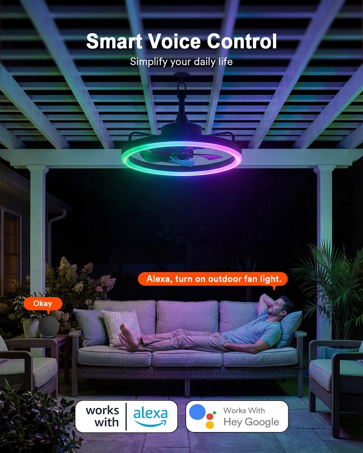 Lumary Smart Outdoor Ceiling Fans with RGBAI Lights for Patio, Wi-Fi Bluetooth Connect, Work with Alexa Google, Waterproof Plug in Ceiling Fan with Hook/Remote/APP Control for Pergola Gazebo, 20in