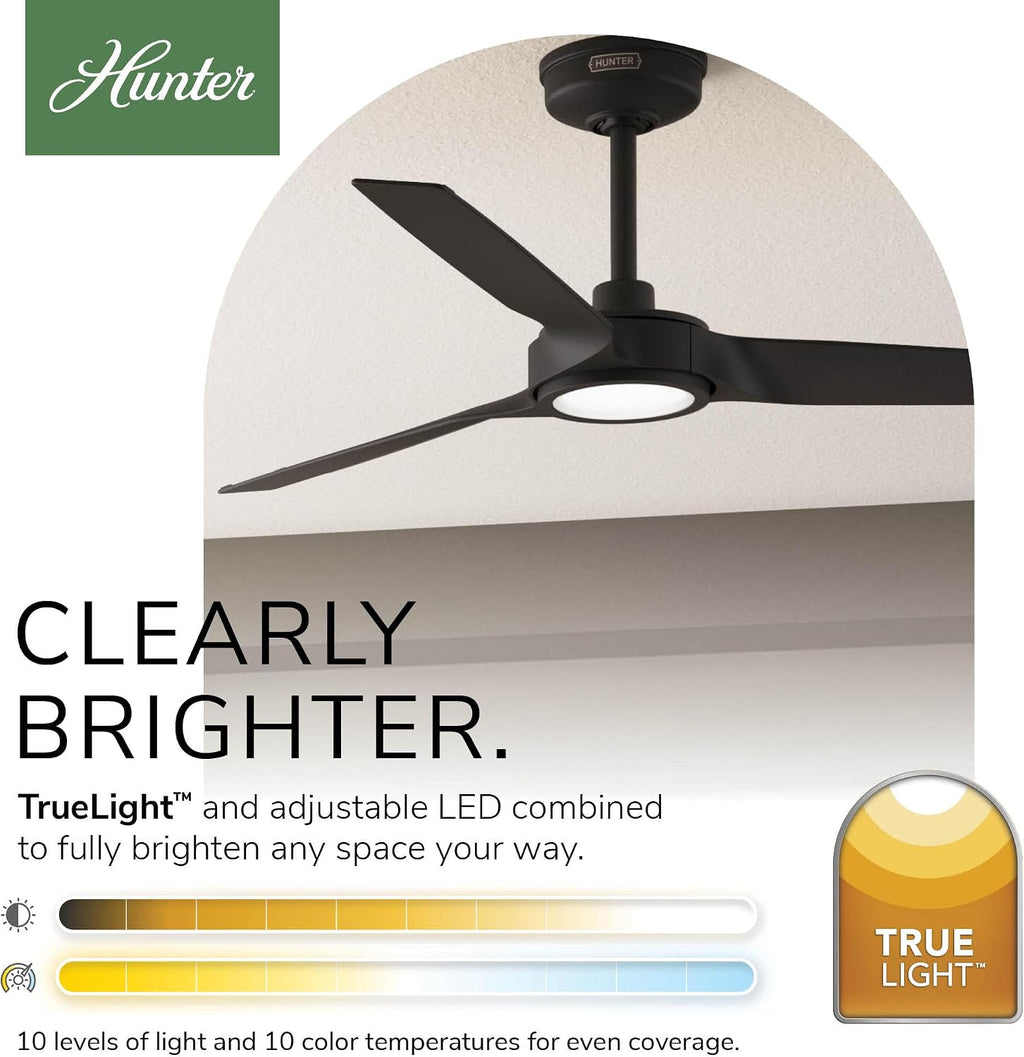 Hunter 52' ZenTech Outdoor Smart Ceiling Fan, LED Light, Remote, Black | ENERGY STAR certified with Apple, Google, Alexa support and covered outdoor use for bedrooms, living rooms, or patios.