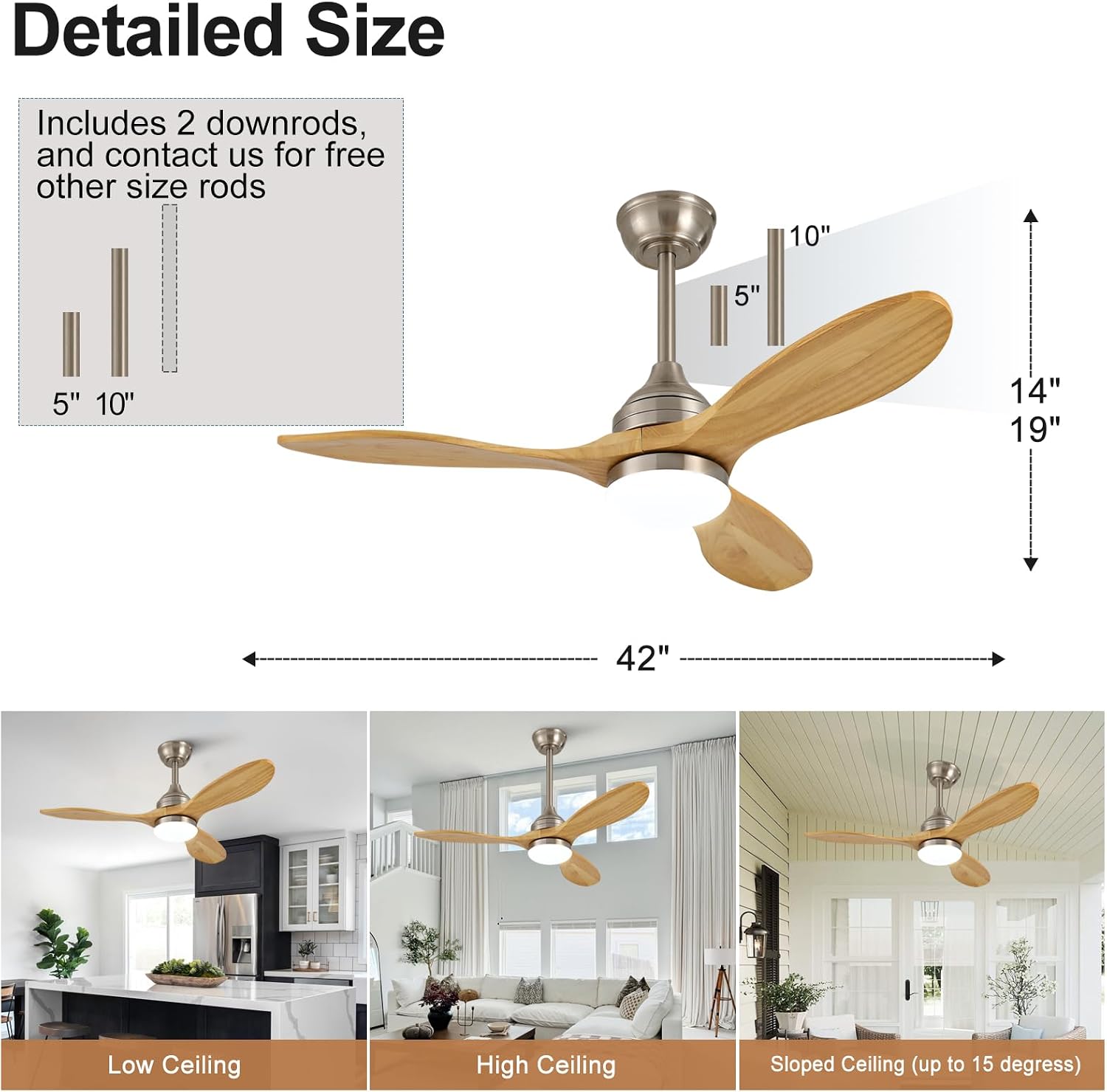 OKDNEG 42 Inch Ceiling Fans with Lights and Remote, Brushed Nickel 3 Blade Outdoor Ceiling Fans,3CCT Dimmable,Timer,Quiet DC Motor,6 speed,Indoor Outdoor Ceiling Fan for Offices Farmhouse Gazebo Patio