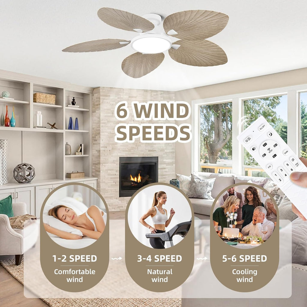 52 Inch Flush Mount Ceiling Fan with Light and Remote, Low Profile Hugger Ceiling Fan with Boho Palm Leaf Blades, Quiet DC Motor, Dimmable LED, for Bedroom, Living Room, Covered Patio