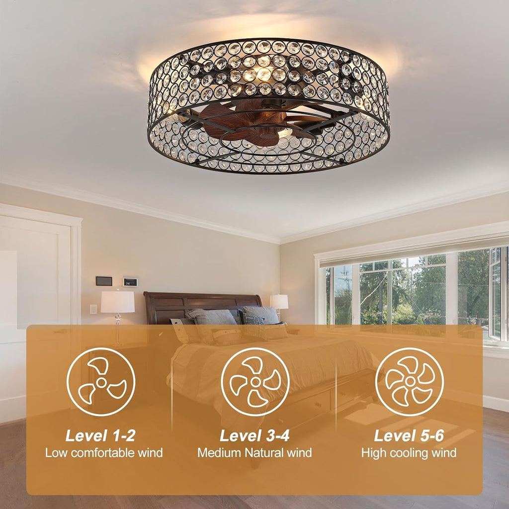 Modern Chandelier Crystal Ceiling Fans with Lights and Remote, 20-Inch Low Profile Bladeless Flush Mount Caged Ceiling Fan for Bedroom, Kitchen,Living Room,Small Ceiling Fan with Light with 6 Speed