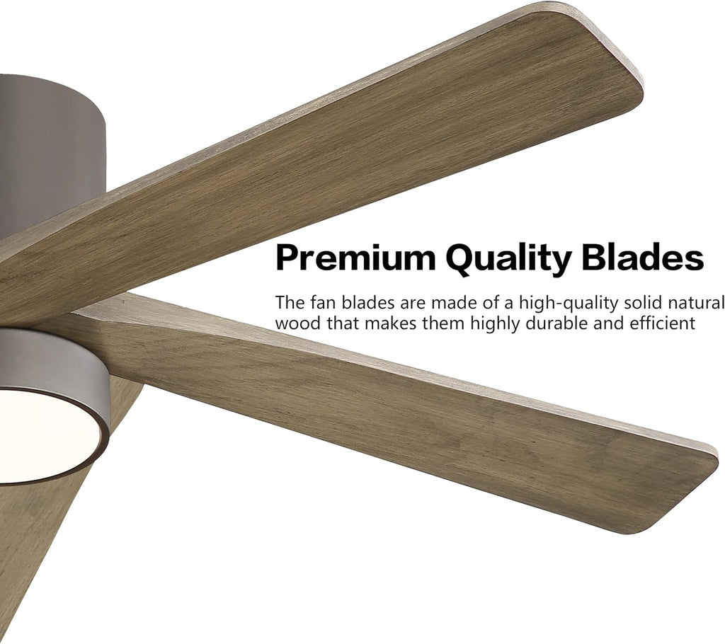 WINGBO 54 Inch Flush Mount DC Ceiling Fan with Lights and Remote, 5 Reversible Carved Wood Blades, 6-Speed Noiseless DC Motor, Hugger Ceiling Fan in Graphite Finish with Gray Blades, ETL Listed