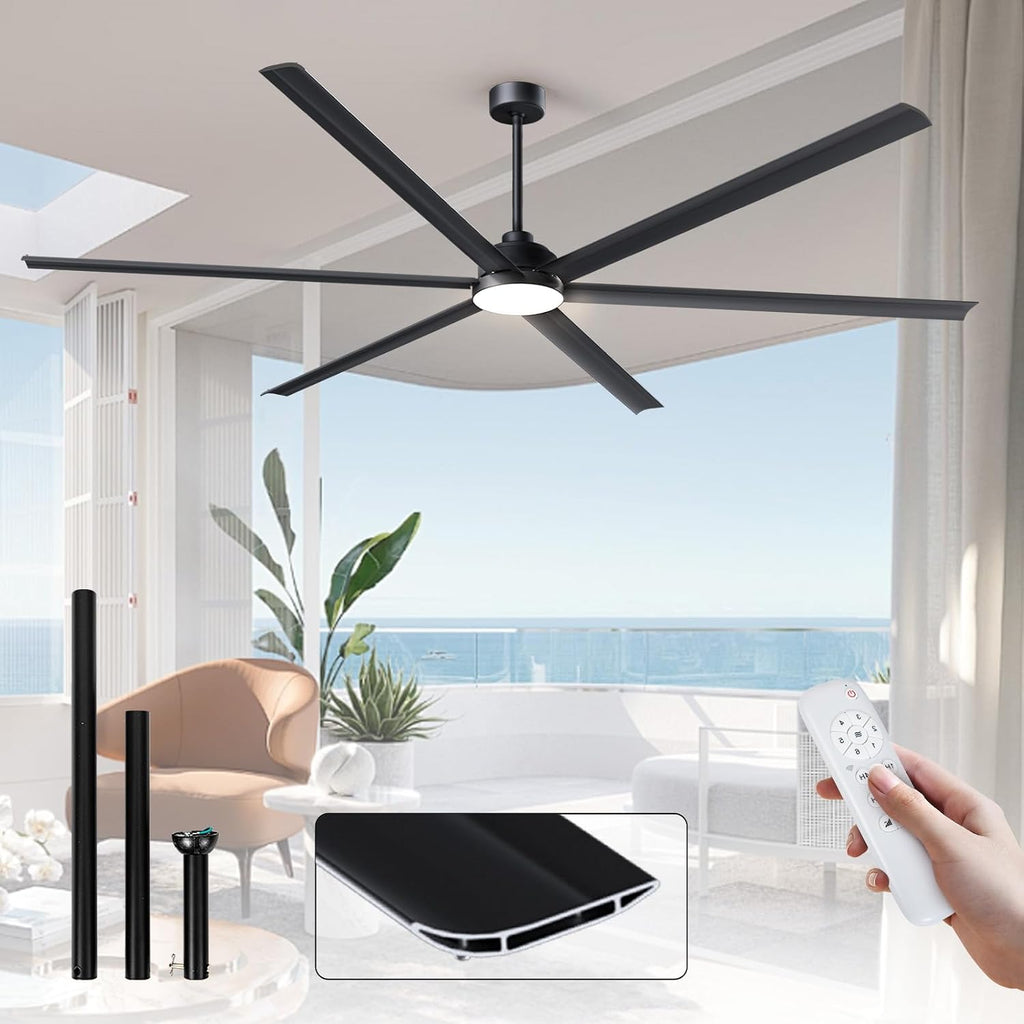 Minislak 100 Inch Large Industrial HVLS Ceiling Fan with 6 Black Double-Layer Aluminum Blades,High CFM Ceiling Fan with Light and Remote,12/24/36in Downrod,Quiet DC Motor Outdooor Fan for Patio