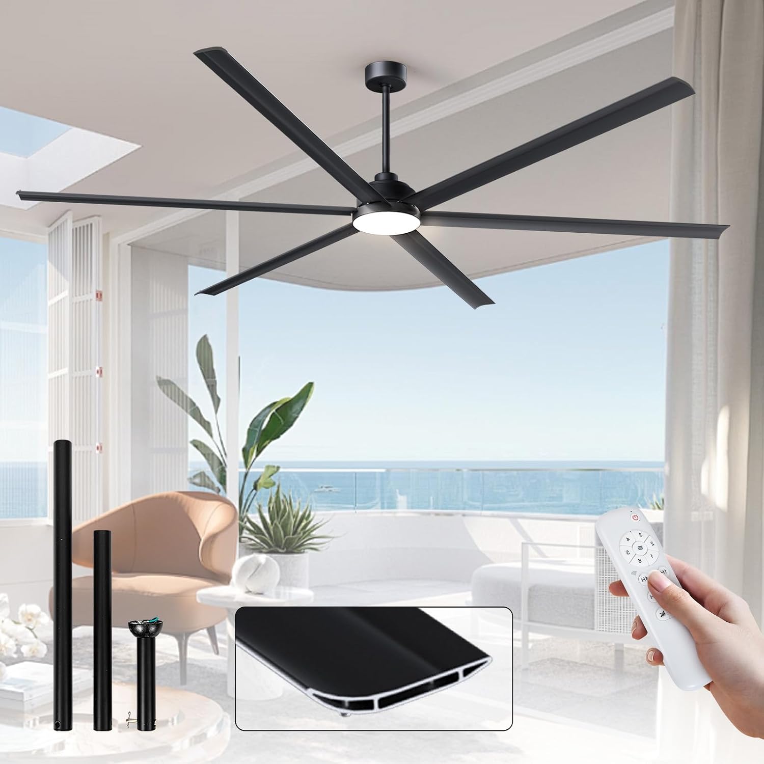Minislak 100 Inch Large Industrial HVLS Ceiling Fan with 6 Black Double-Layer Aluminum Blades,High CFM Ceiling Fan with Light and Remote,12/24/36in Downrod,Quiet DC Motor Outdooor Fan for Patio