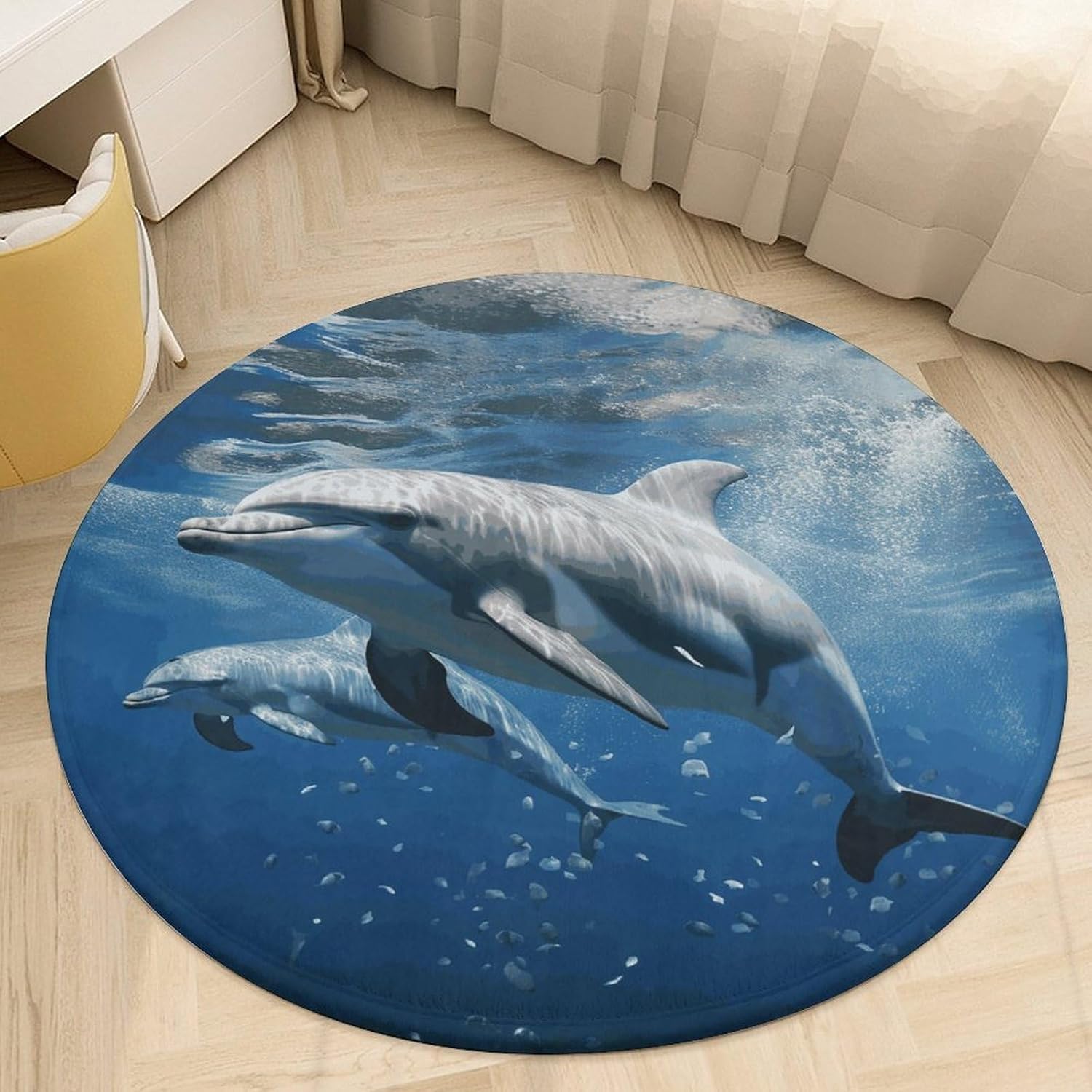 Cute Dolphins Coral Velvet Round Floor Mat Non-Slip Bath Rug Floor Covering for Bathroom Vanity Guest Suite & Vacation Home