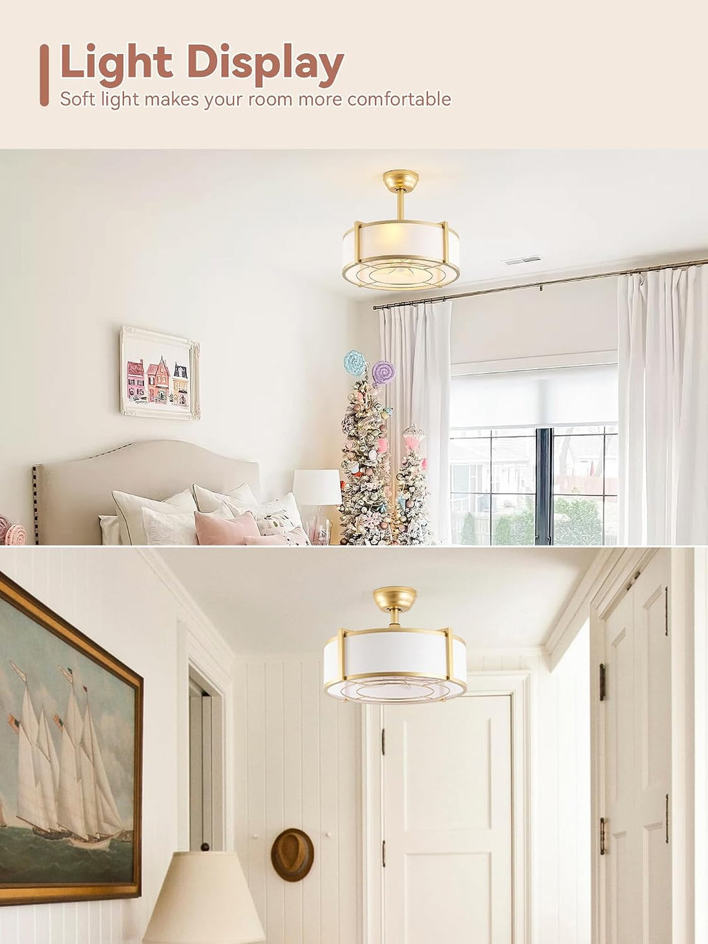 20' Gold Fandelier Ceiling Fans with Lights, Boho Rattan Ceiling Fan with Light Remote Control, Caged Mid-Century Modern with 6 Speeds for Bedroom, Nursery, Living Room