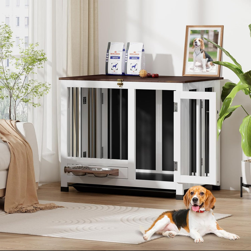 Dog Crate Furniture - 31.5' Wooden Dog Cage with Removable Tray & 360° Rotating Feeder | Multi-Functional Dog Kennel End Table for Small & Medium Dogs | Indoor Portable Pet Crates | Easy Assembly