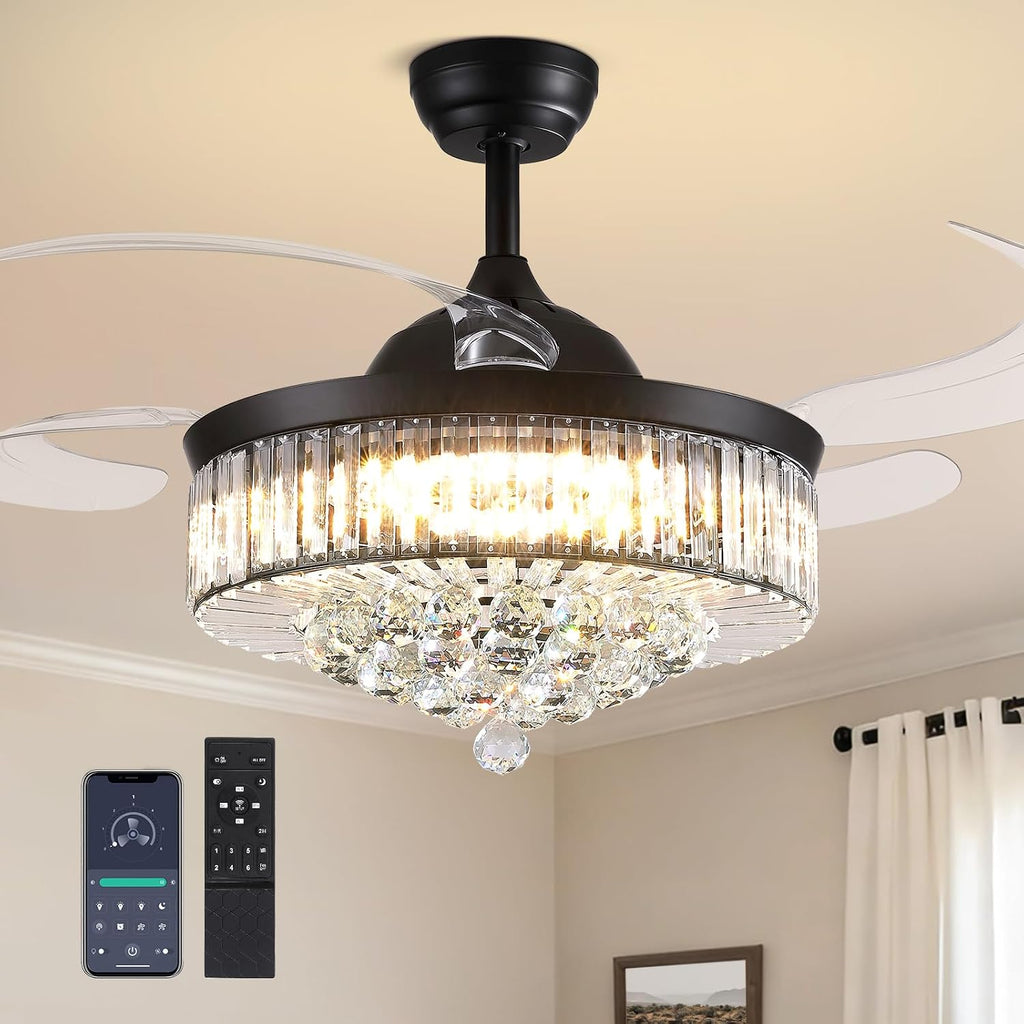 48'' Crystal Fandelier Ceiling Fan with Light, Retractable Blades Ceiling Fans with Light and Remote, Dimmable Chandelier Ceiling Fan for Bedroom Living Room-Black