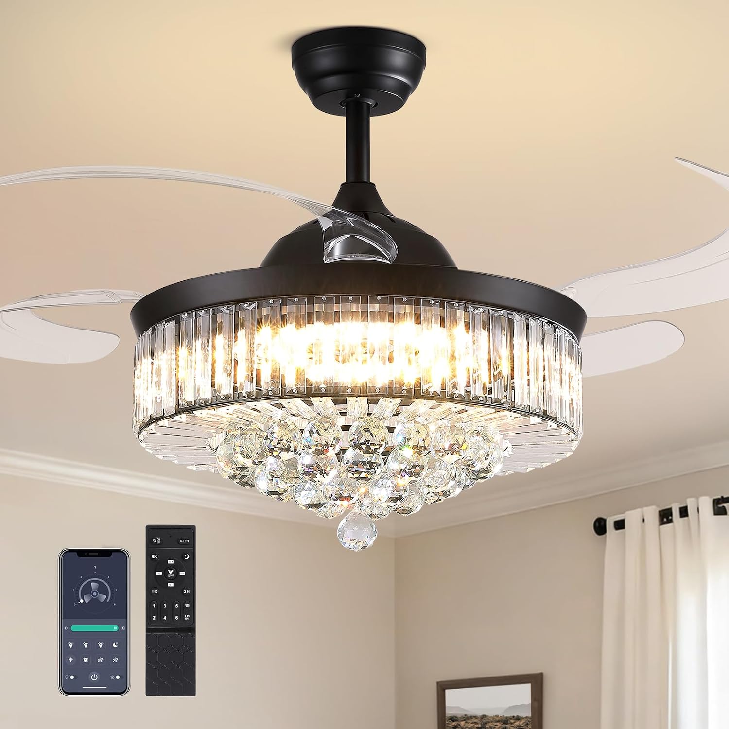 48'' Crystal Fandelier Ceiling Fan with Light, Retractable Blades Ceiling Fans with Light and Remote, Dimmable Chandelier Ceiling Fan for Bedroom Living Room-Black
