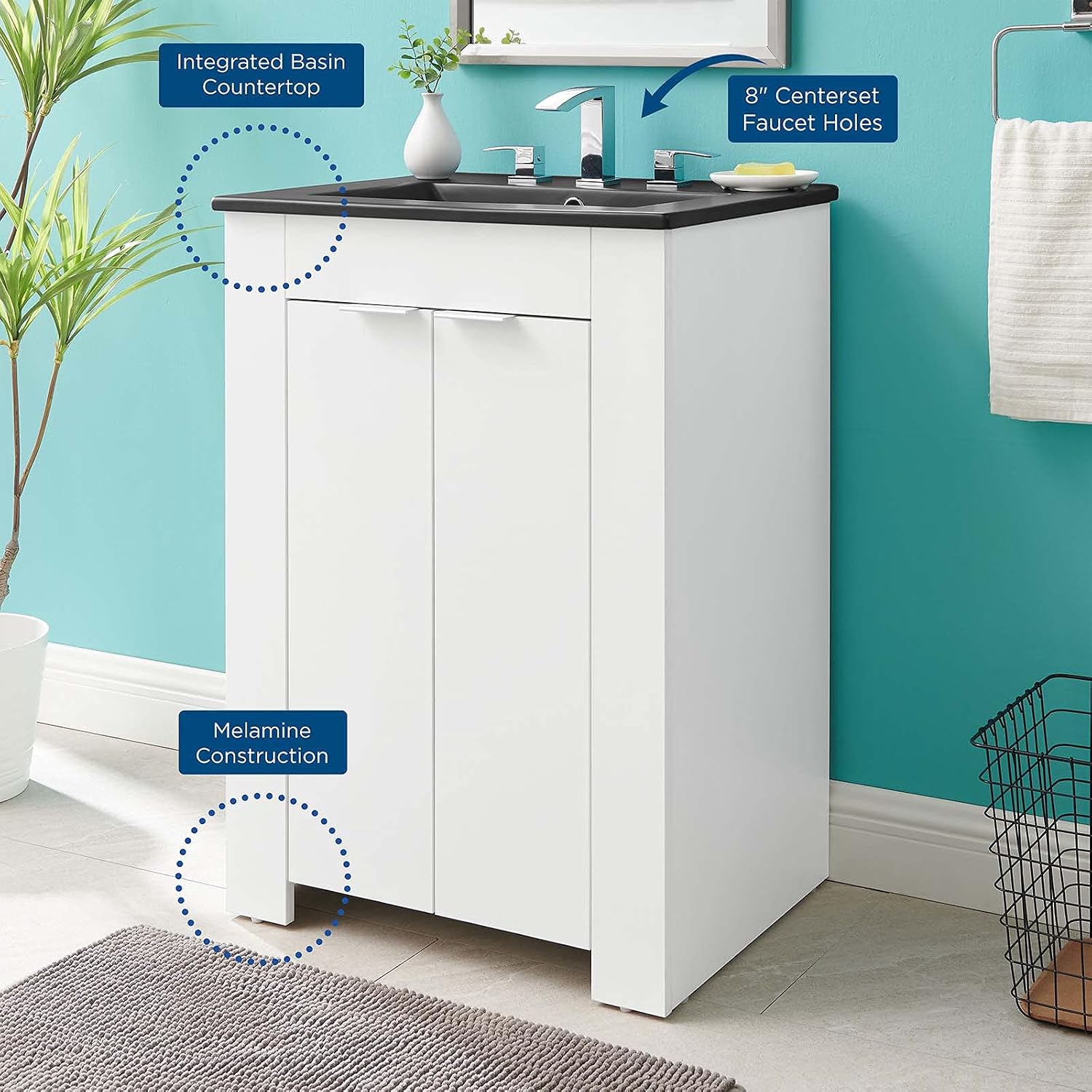 Sink Vanity Cabinet, Melamine, White Black, Modern Contemporary, Hotel Bedroom Bathroom Master Suite