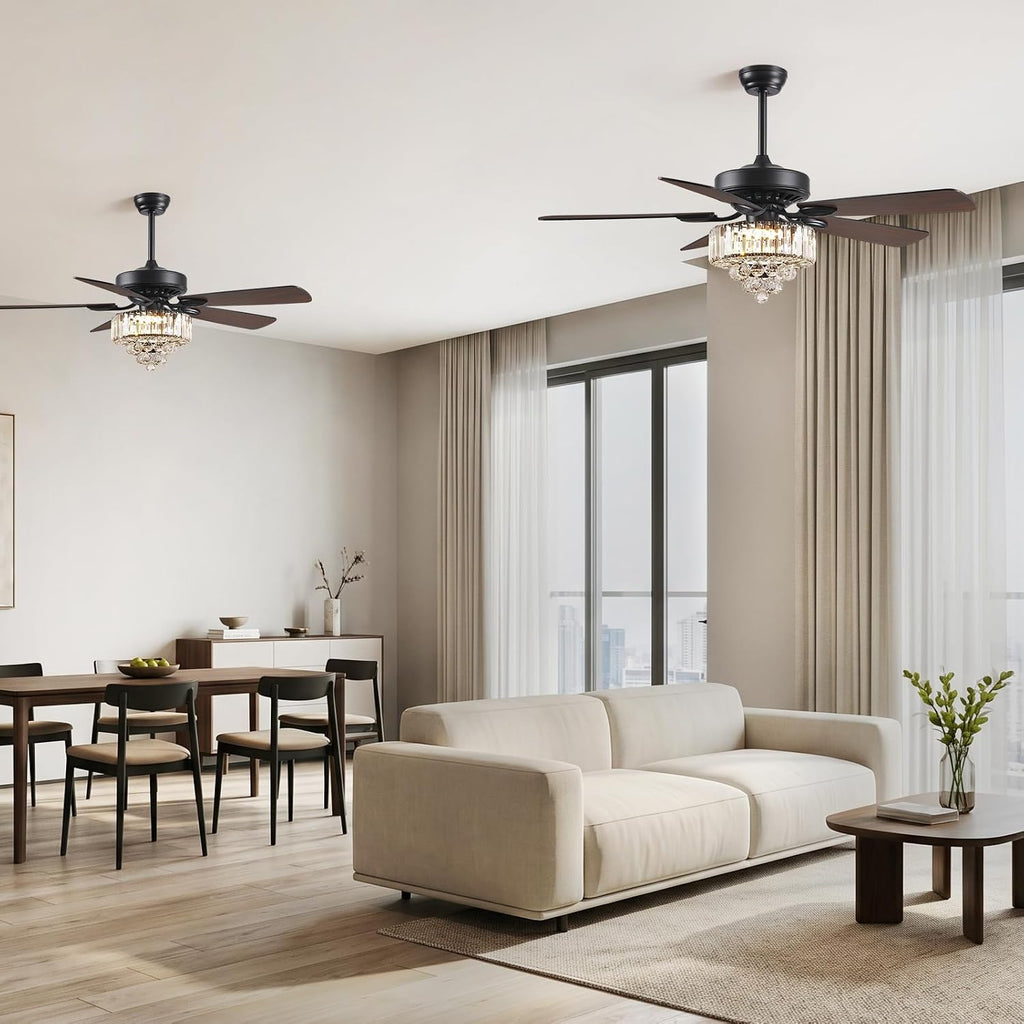 NOXARTE 52 Inch Crystal Ceiling Fan with Light, Modern LED Fandelier with Remote, Black Chandelier Fan Reverse Motor Wood Blades with 6 Speeds for Living Dining Room