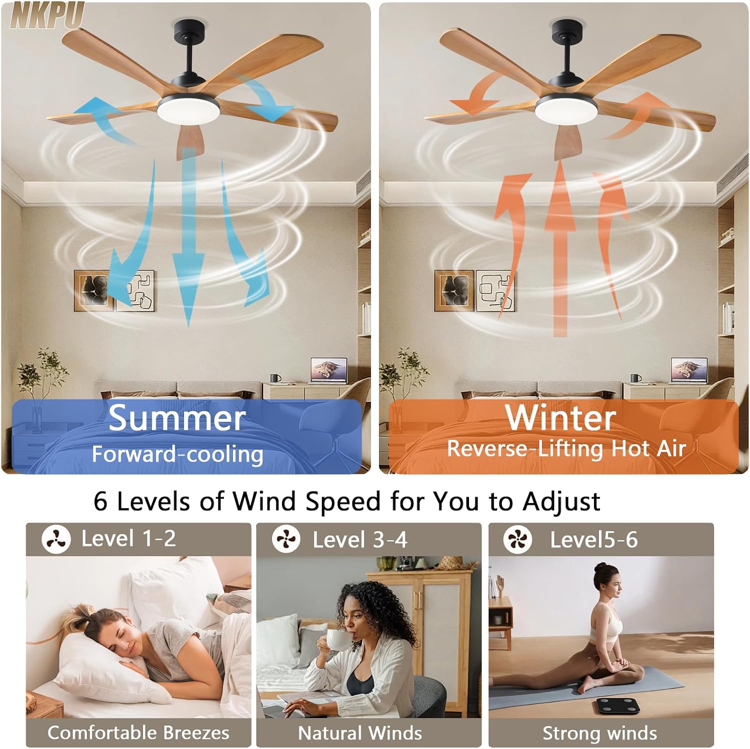 NKPU Ceiling Fans with Lights and Remote Control, 5 Solid Wood Blades, 3CCT Dimmable, 56 Inch Modern Outdoor Ceiling Fans for Bedroom Farmhouse Patios, Quiet DC Motor
