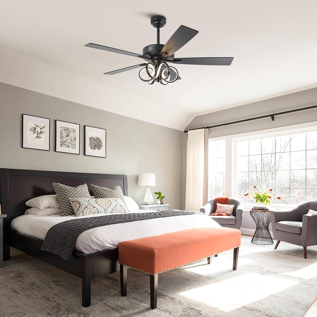 52 Inch Black Ceiling Fans with Lights and Remote - Creative Modern Ceiling Fan for Bedroom Living Room with 3CCT, 6 Speeds, Timer, Dual-Sided Reversible 5 Blades Indoor Outdoor Chandelier Fan