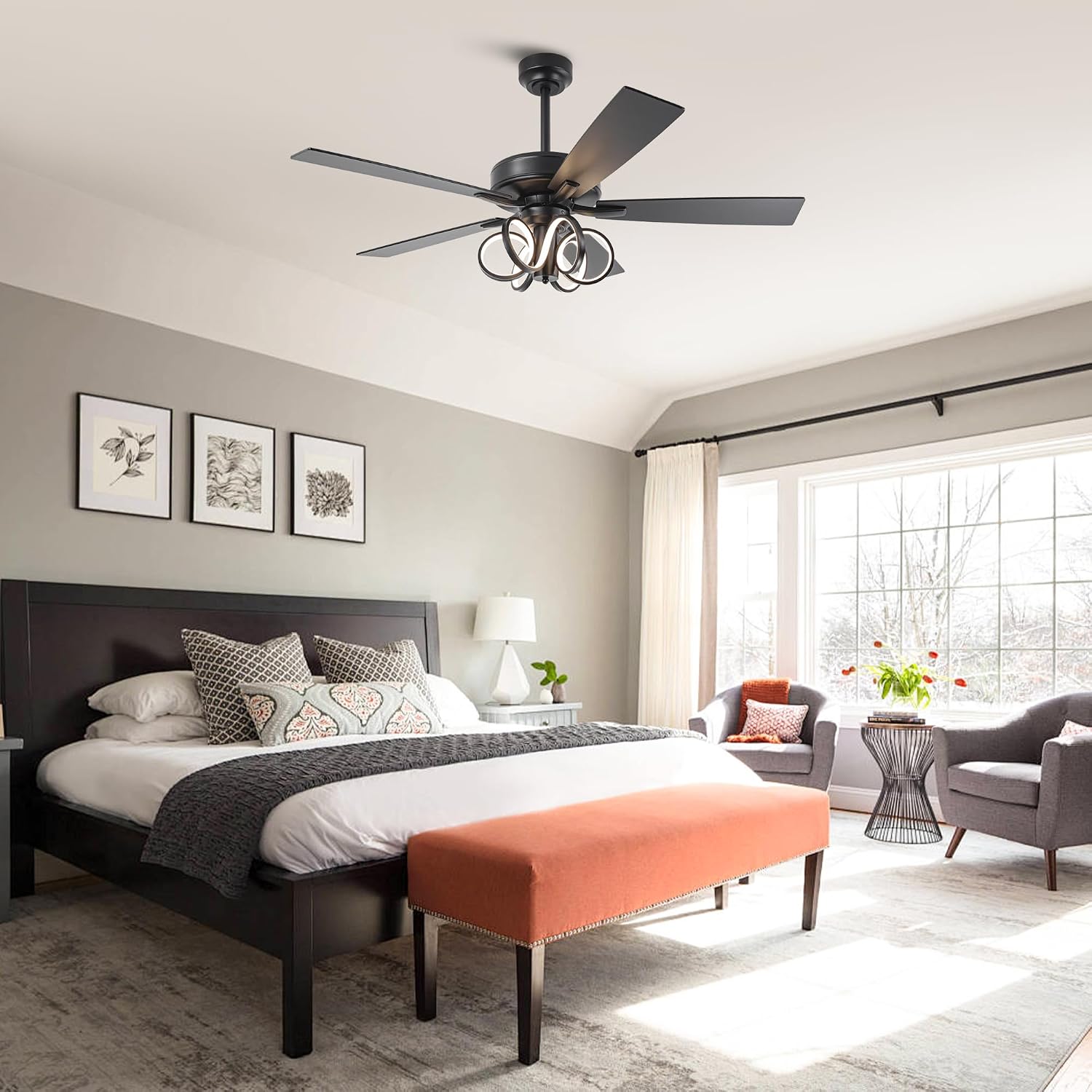 52 Inch Black Ceiling Fans with Lights and Remote - Creative Modern Ceiling Fan for Bedroom Living Room with 3CCT, 6 Speeds, Timer, Dual-Sided Reversible 5 Blades Indoor Outdoor Chandelier Fan