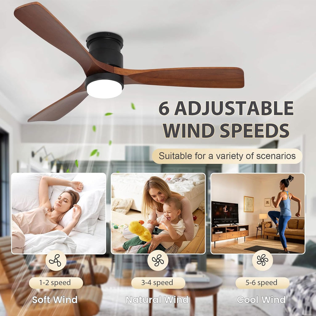 52 Inch Ceiling Fans with Lights Remote, Amber solid wood Low Profile Flush Mount Ceiling Fan with Light, Timing Silent Reversible DC Motor LED Fan Lighting Indoor Outdoor Fans for Farmhouse Bedroom