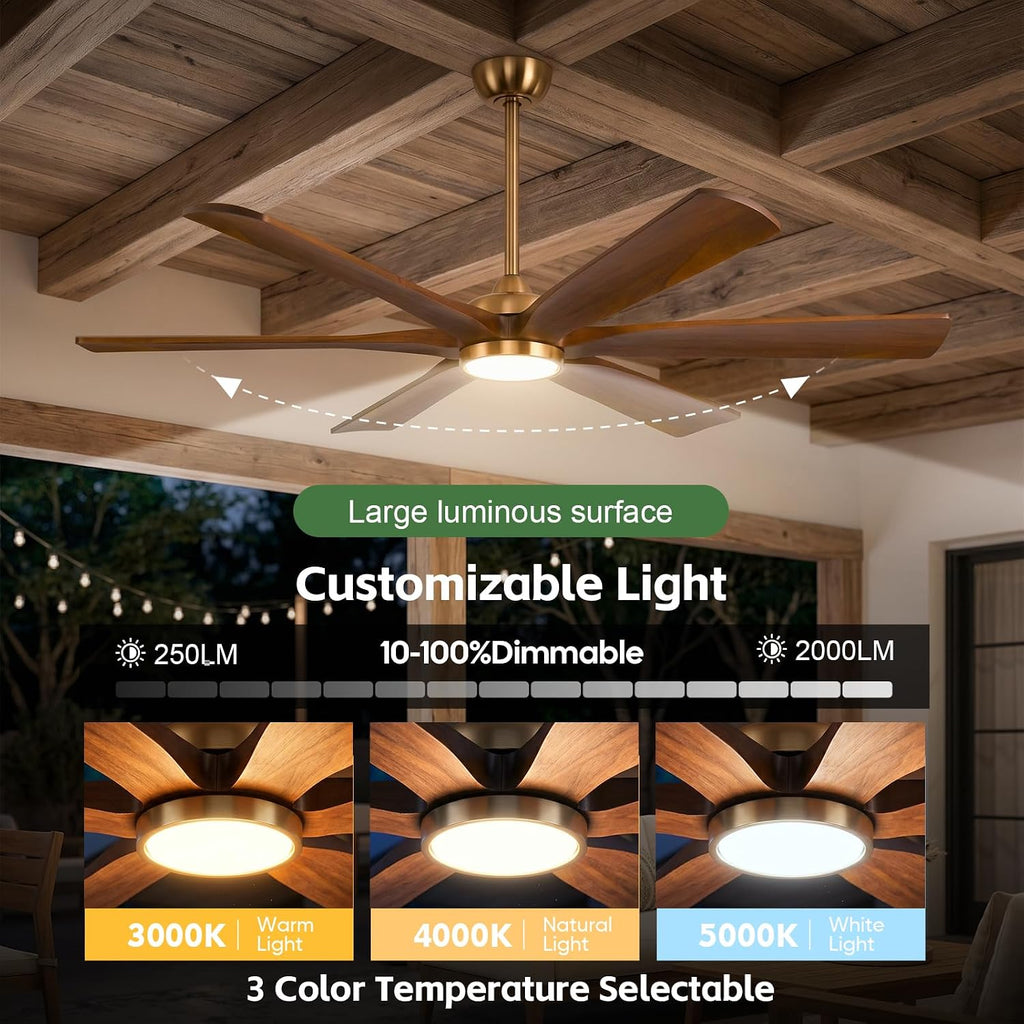 72 Inch Smart Outdoor Ceiling Fan with Lights, Brass Gold with 6 Solid Wood Walnut Blades, Modern Farmhouse, Alexa/App/Remote Control, 9268 CFM Quiet DC Motor, for Large Room Exterior Gazebo Patio