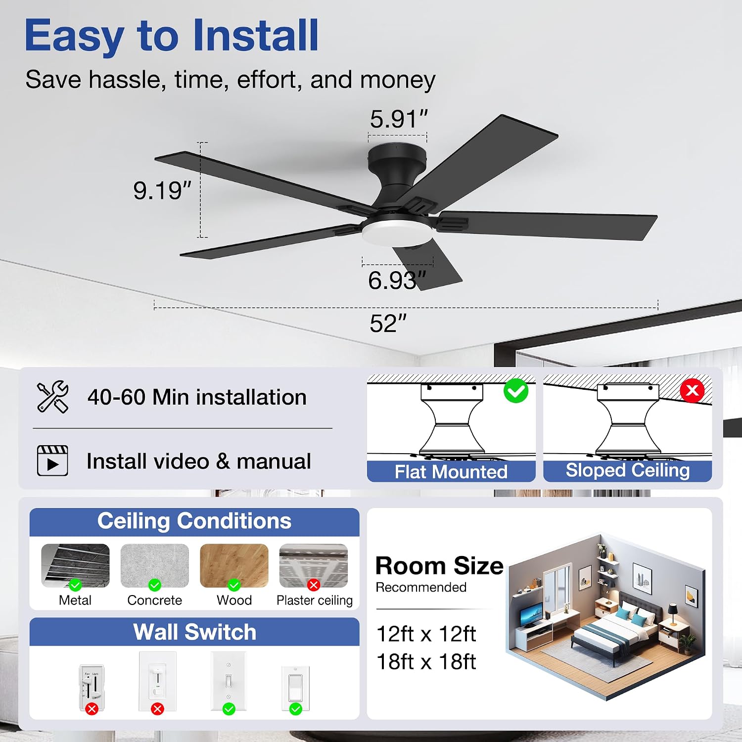 52 Inch Ceiling Fans with Lights,Smart Low Profile Ceiling Fan with Light and Remote Control,Alexa,APP,Black Flush Mount Ceiling Fans for Bedroom,Patio,Porch,Outdoor Indoor Use,5 Blades,Dimmable,Quiet