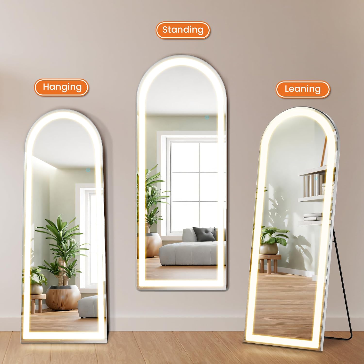 Elevon Full Length Mirror with LED Lights, 71'x26' Floor Mirror with Dimming & 3 Color Lighting, Led Mirrors Full Length with Stand for Bedroom, Dressing Room, Arched