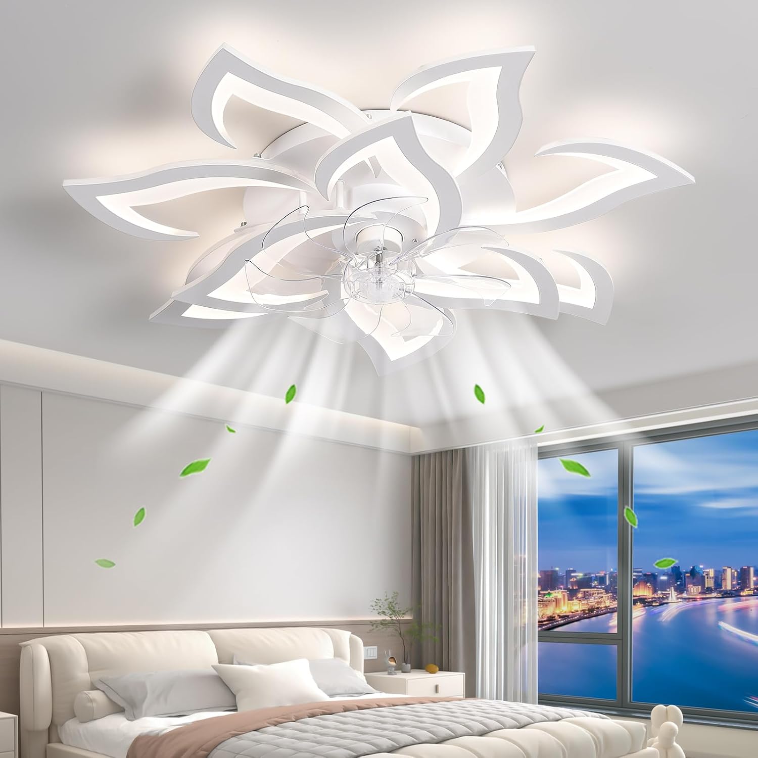 32' White Flower Ceiling Fan with Lights Remote Control, Modern LED Low Profile Flush Mount Ceiling Fan with Light for Kitchen Bedroom Living Room
