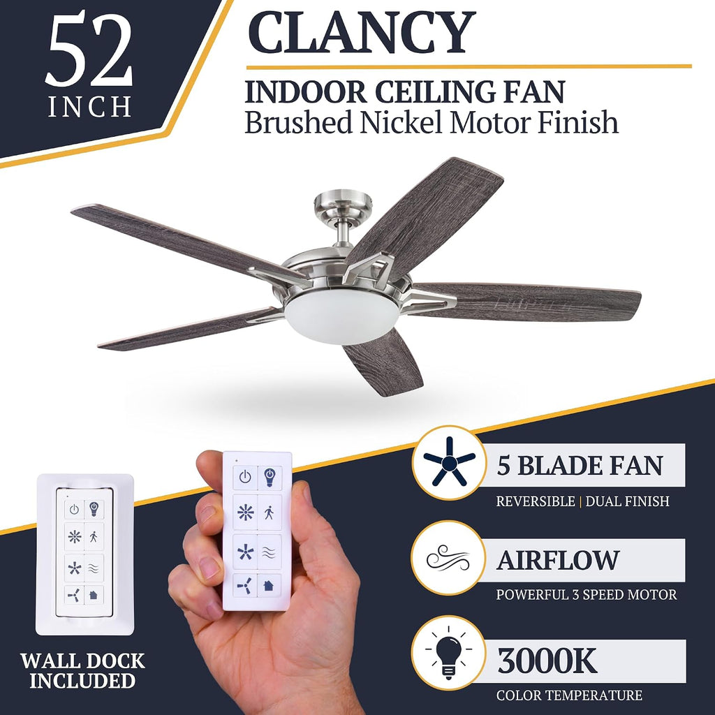 Prominence Home Clancy, 52 Inch Contemporary LED Ceiling Fan with Integrated Dome Light, Remote Control, Dual Mount, 5 Reversible Dual-Finish Blades - 51482-01 (Brushed Nickel)