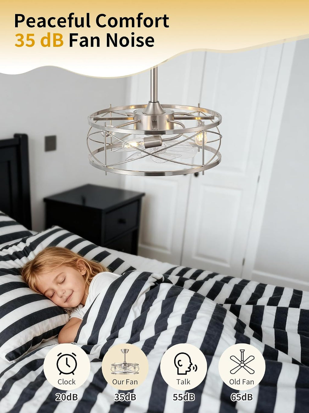 20' Farmhouse Fandelier Ceiling Fan with Light, Caged Bladeless Ceiling Fans with Lights and Remote, Rustic Small Enclosed with 6 Speeds for Bedroom, Kitchen, Living Room, Silver