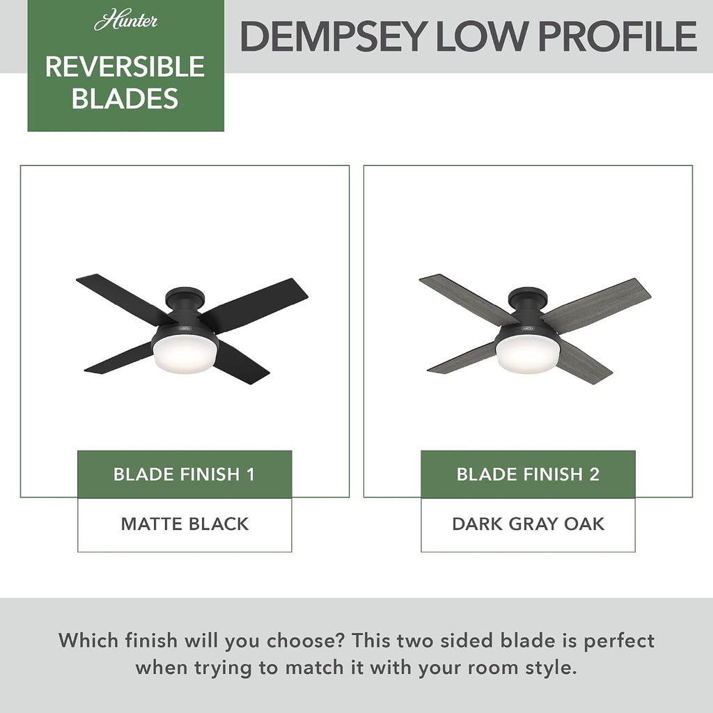 Hunter 44 inch Indoor Ceiling Fan with LED Light and Remote Control - Black Modern Ceiling Fan, Low Profile Mount, 4 Blades, For Bedroom, Living Room, or Kitchen, Quiet - Dempsey 52390, Matte Black