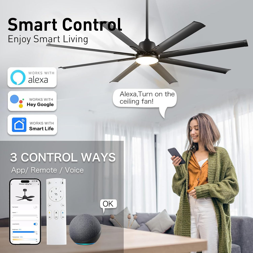 72 lnch lndustrial Smart Celing Fan with Light and Remote Control via WIFI Alexa,Large Celing Fan with 8 Black Aluminum Blades,6 Speed Noiseless DC Motor,Indoor Outdoor Ceiling Fans for Patio Garage