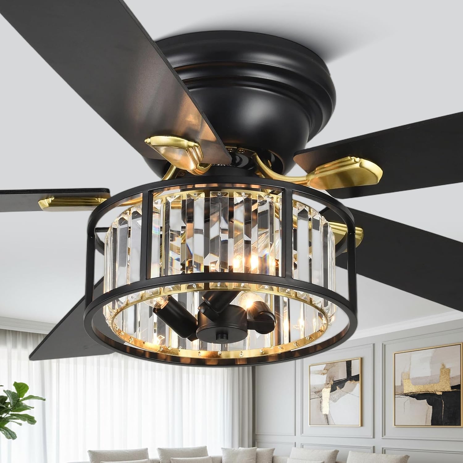 52' Crystal Farmhouse Ceiling Fan with Lights and Remote,Flush Mount Ceiling Fan,Chandelier with 5 Reversible Blades,3 E12 Base Lights,Quiet Motor for Living Room,Dining Room,Bedroom