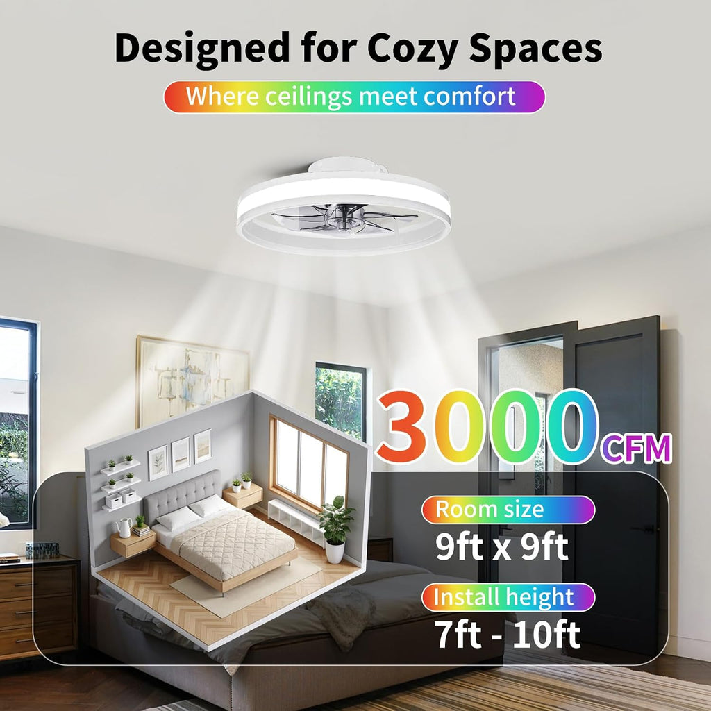 TCL 20'' Flush Mount Ceiling Fan with Lights and Remote, RGB Backlight Dual Lighting Mode, Modern Low Profile Ceiling Fan with Quiet DC Motor, Stylish Lighting for Bedroom, White
