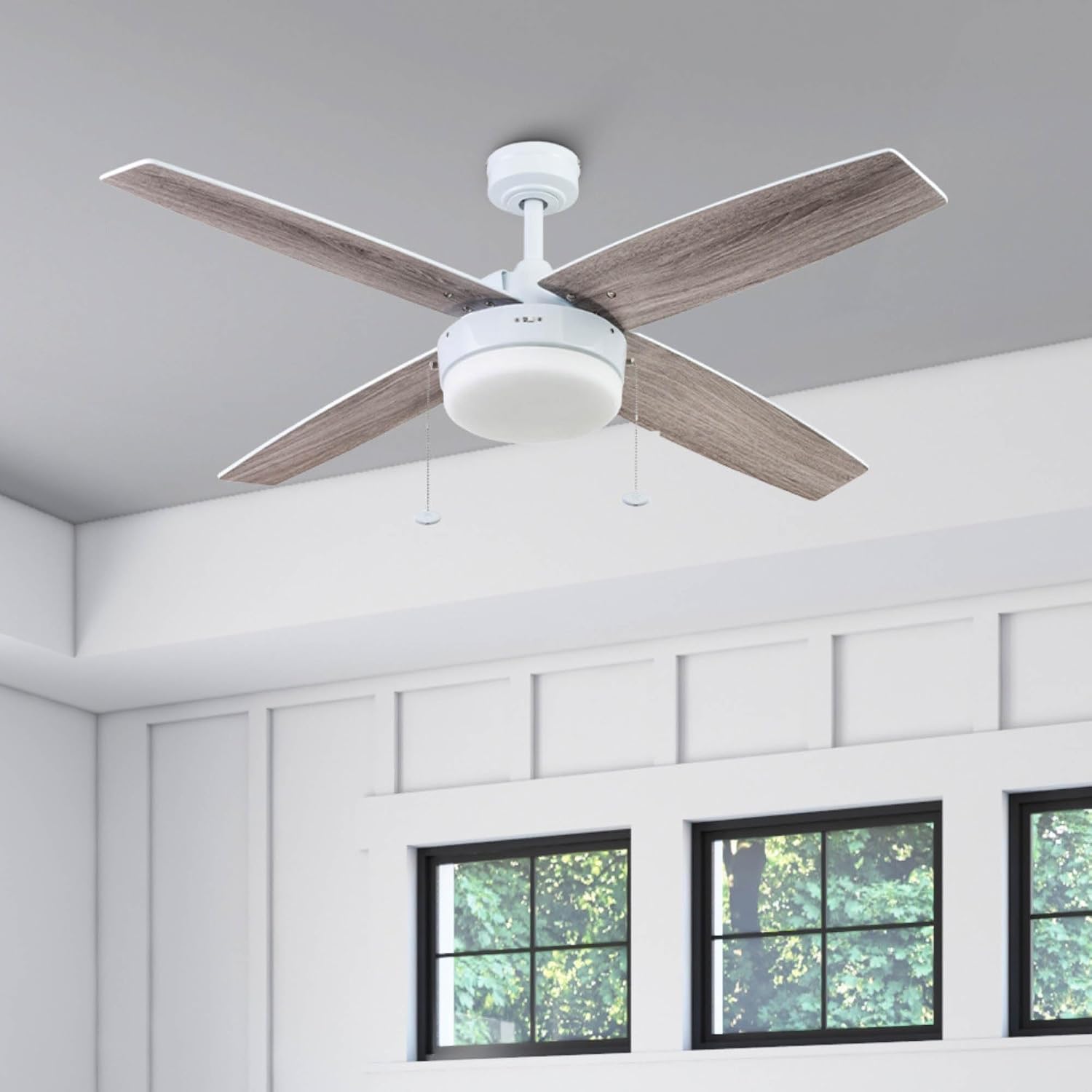 Prominence Home Memphis, 52 Inch Contemporary Indoor LED Ceiling Fan with Light, Pull Chain, Dual Mounting Options, 4 Dual Finish Blades, Reversible Motor - 51651-01 (Bright White)