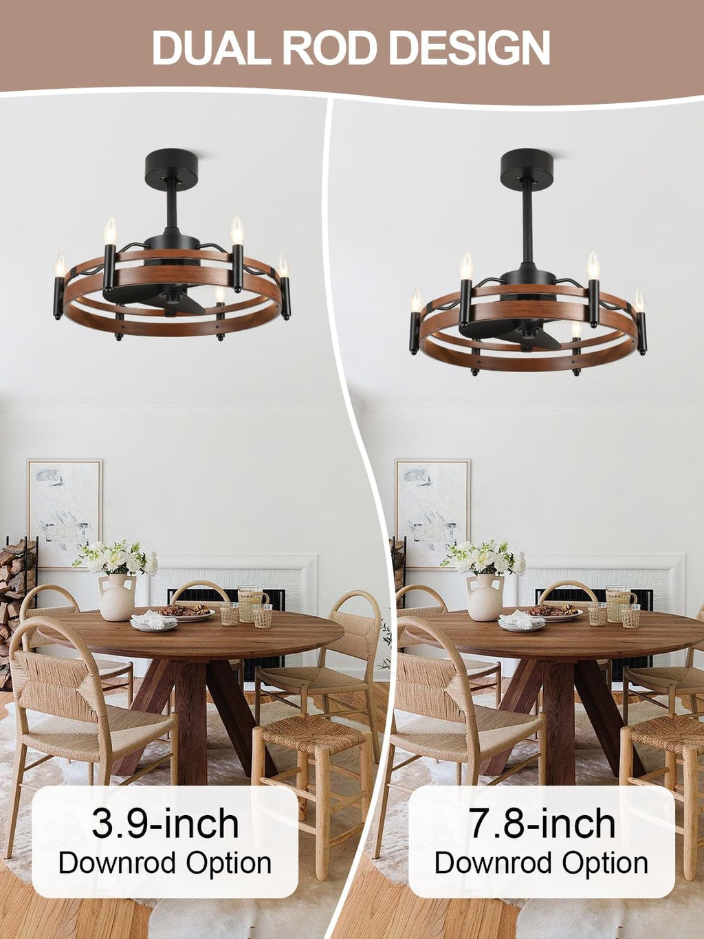 Bella Depot 24' Farmhouse Ceiling Fan with Light – Wagon Wheel Fandelier, 6-Light Industrial Rustic Chandelier Fan, Remote Control, for Bedroom Kitchen Dining Room (Bulbs Not Included)