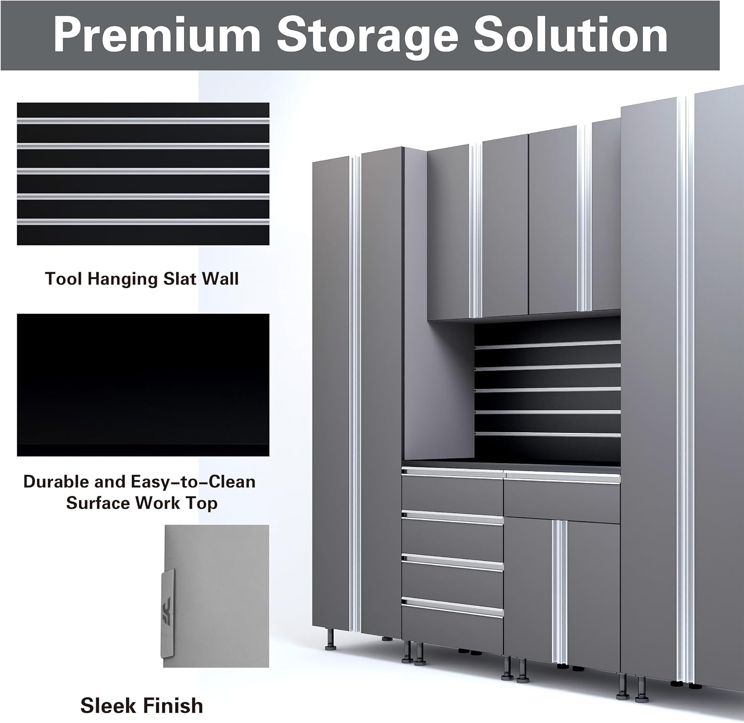 Premium Garage Cabinets 7' Storage Sets Solution with Adjustable Legs, Soft-Close Drawer & Door, Integrated Handles, Heavy Duty Plywood Box Construction, Tool and Equipment Organizer (Combo 7CS-012B)