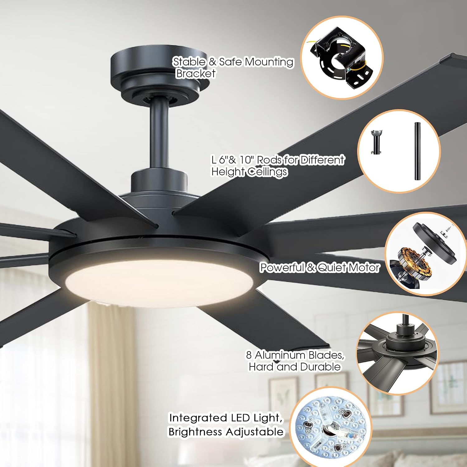 Ceiling Fans with Lights and Remote 60 Inch Industrial Ceiling Fan with Light for Bedroom Living Room, Black Large Outdoor Ceiling Fans for Patios, 6-Speed Reversible DC Motor, Ventilador de Techo