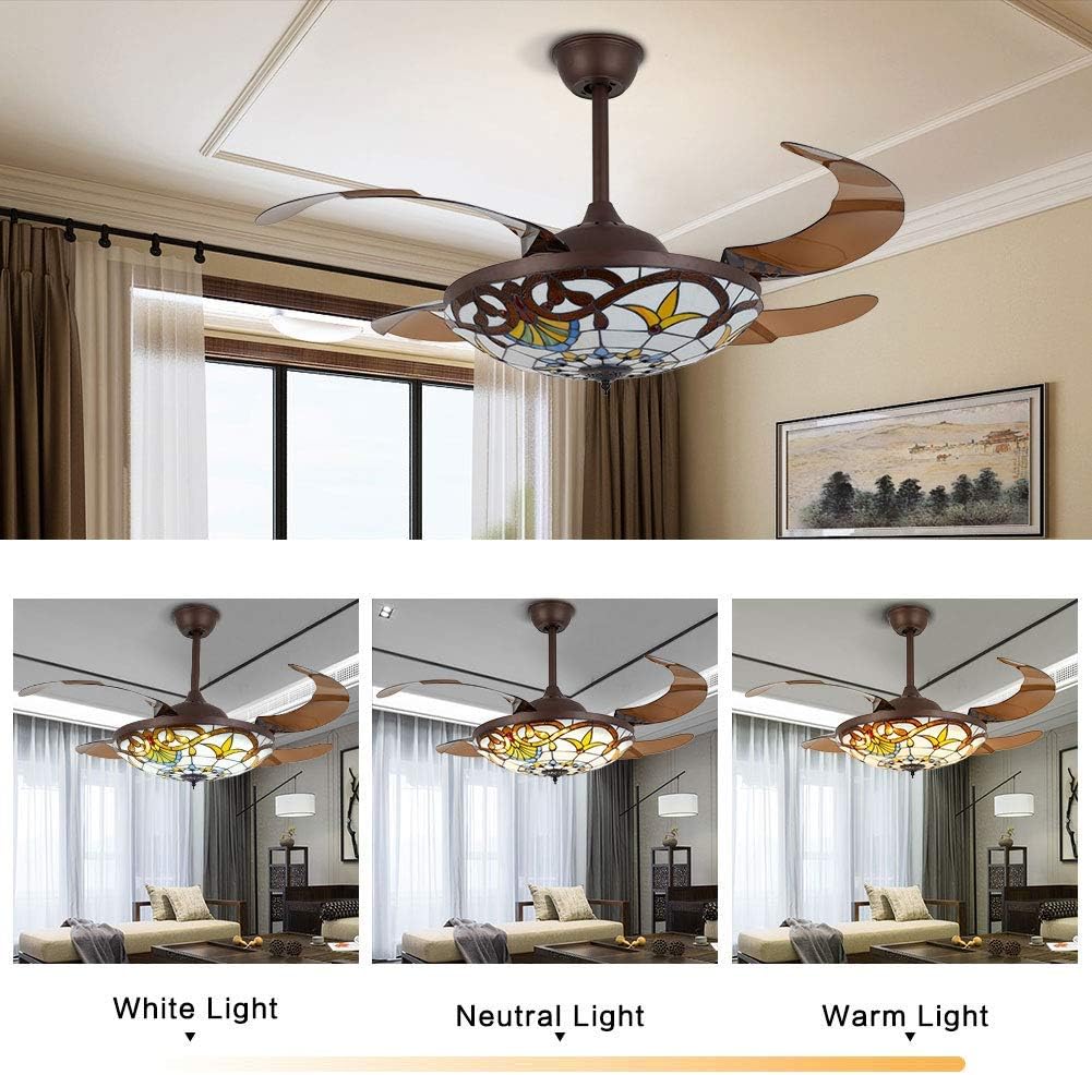 TFCFL 42 Inch Tiffany Style Invisible Ceiling Fan with Lights and Remote Control,Retractable Blades 3 Speeds 3 Light Changes Fandelier Chandelier Fan,Indoor Ceiling Lighting Fixture