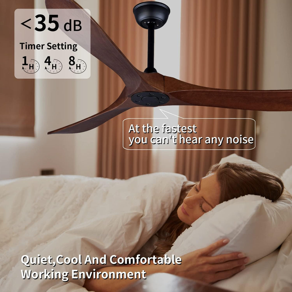 Bigzone 60' Outdoor Ceiling Fan Without Light, Energy Efficient DC Motor, 3 Solid Wood Blades, Wood Ceiling Fan with Remote Control, Reversible Blades