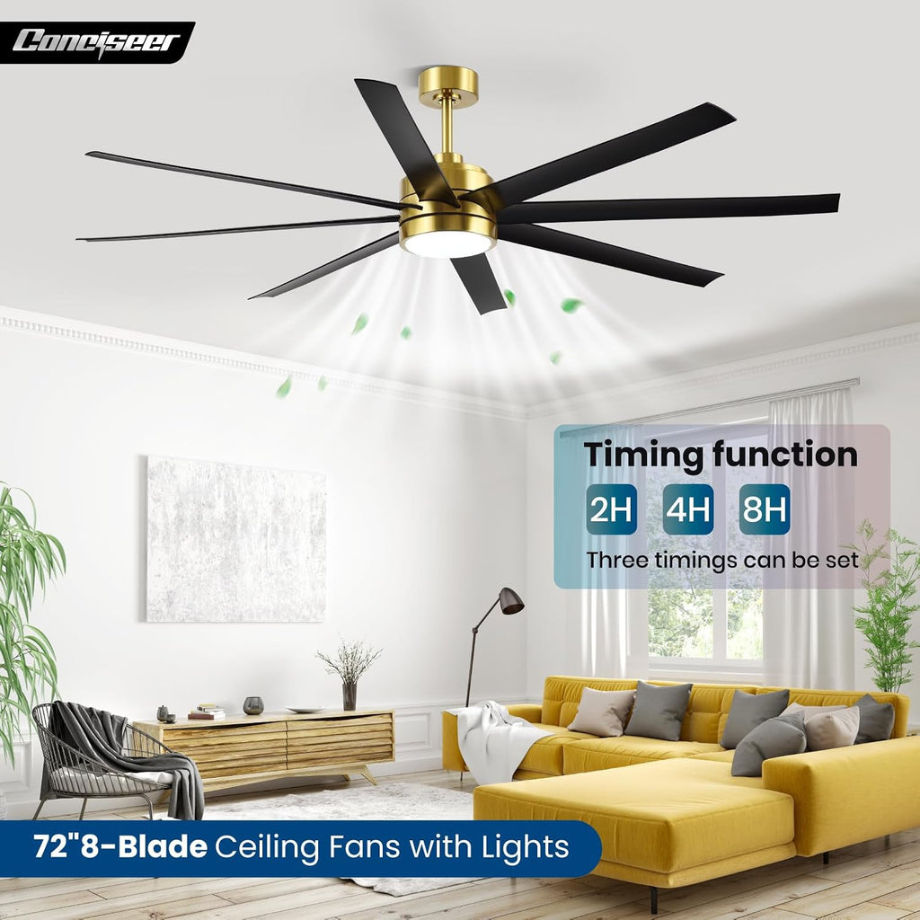 Conciseer 72 Inch Ceiling Fans with Lights and Remote for Living Room Kitchen Library Cafe Outdoor/Industrial Use, 3CCT Dimmable, Dual Color 8 Blades 6 Speed Reversible Quiet DC Motor, Gold/Black