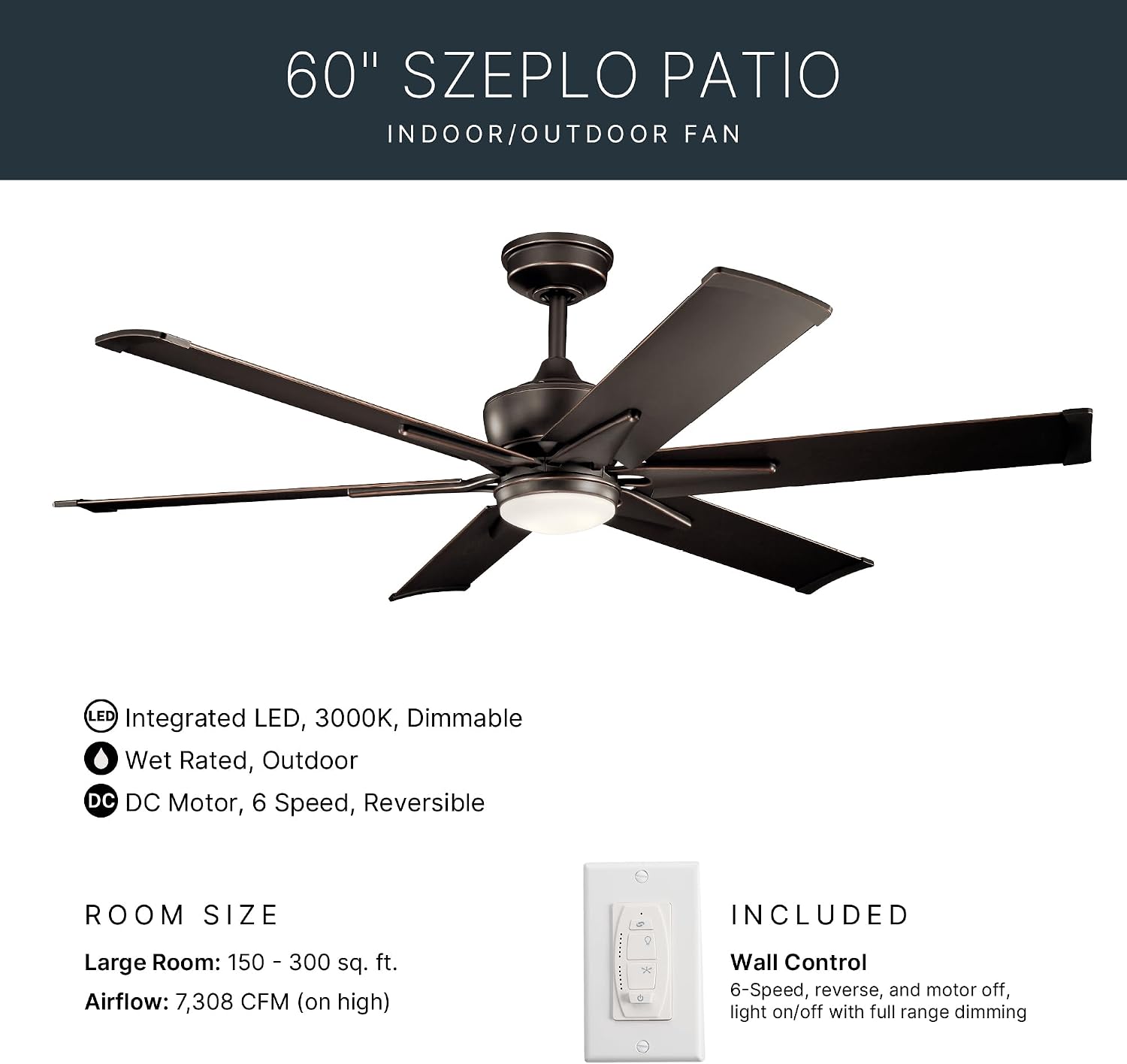 Kichler Szeplo II 60 in 6-Blade Outdoor Ceiling Fan with LED Light, DC Motor Wet Rated Patio Fan with Etched Cased Opal Glass in Old Bronze for Pergola Porch, 300300OZ
