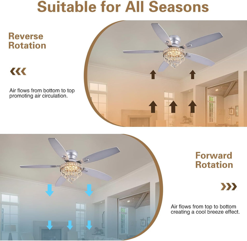 Crystal Ceiling Fan Fandelier with Lights-Ceiling Fans with Lights,54' Low Profile and Remote Control, Flush Mount, Reversible, Dimmable, Noiseless, Sliver Ceiling Fan for Bedroom