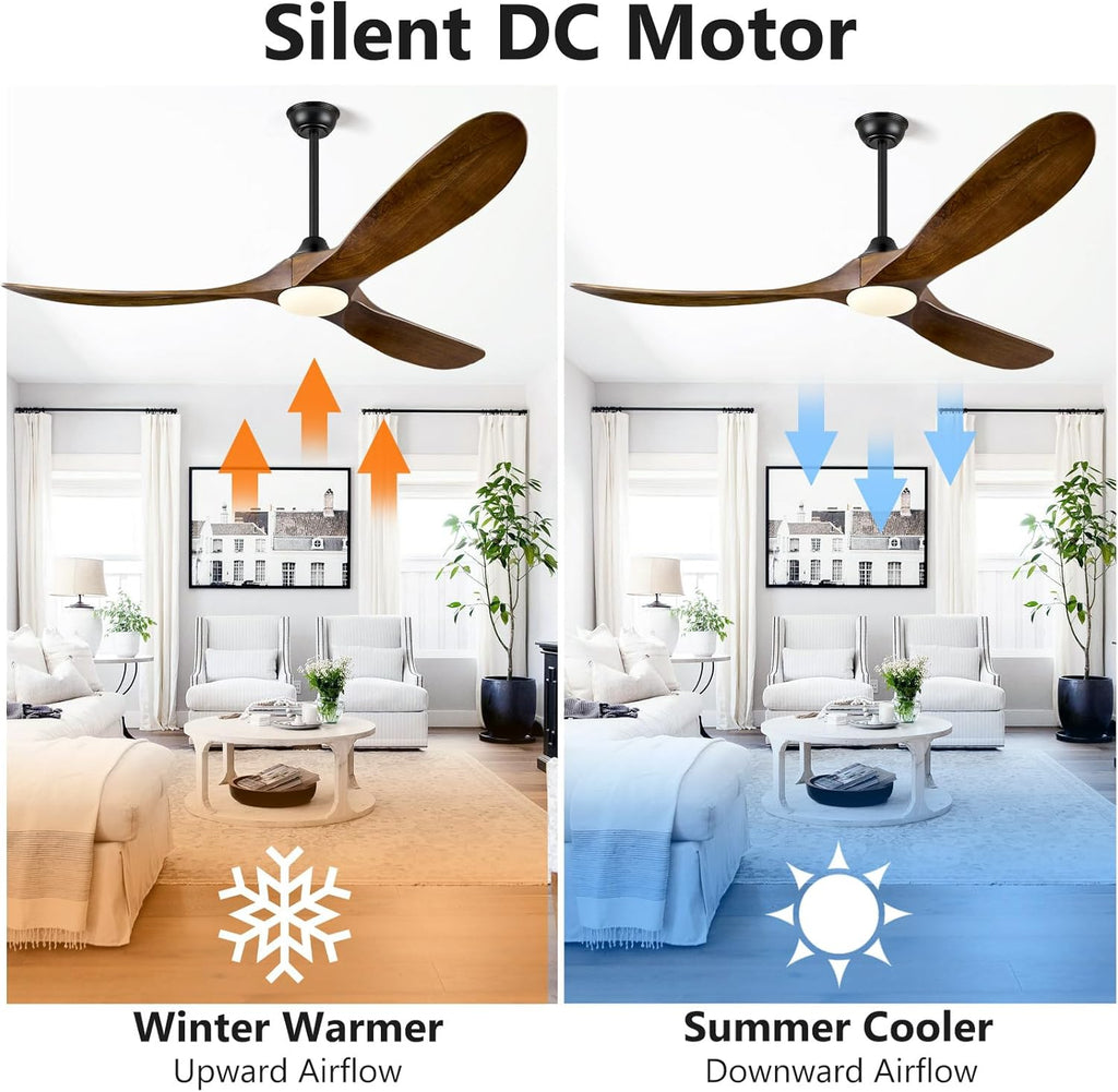 ABZ 60 Inch Ceiling Fans with Lights, Solid Wood Propeller Ceiling Fans with Lights and Remote Control Outdoor Ceiling Fan for Patios Propeller 3 Blades for Indoor Living Room, Walnut Wood