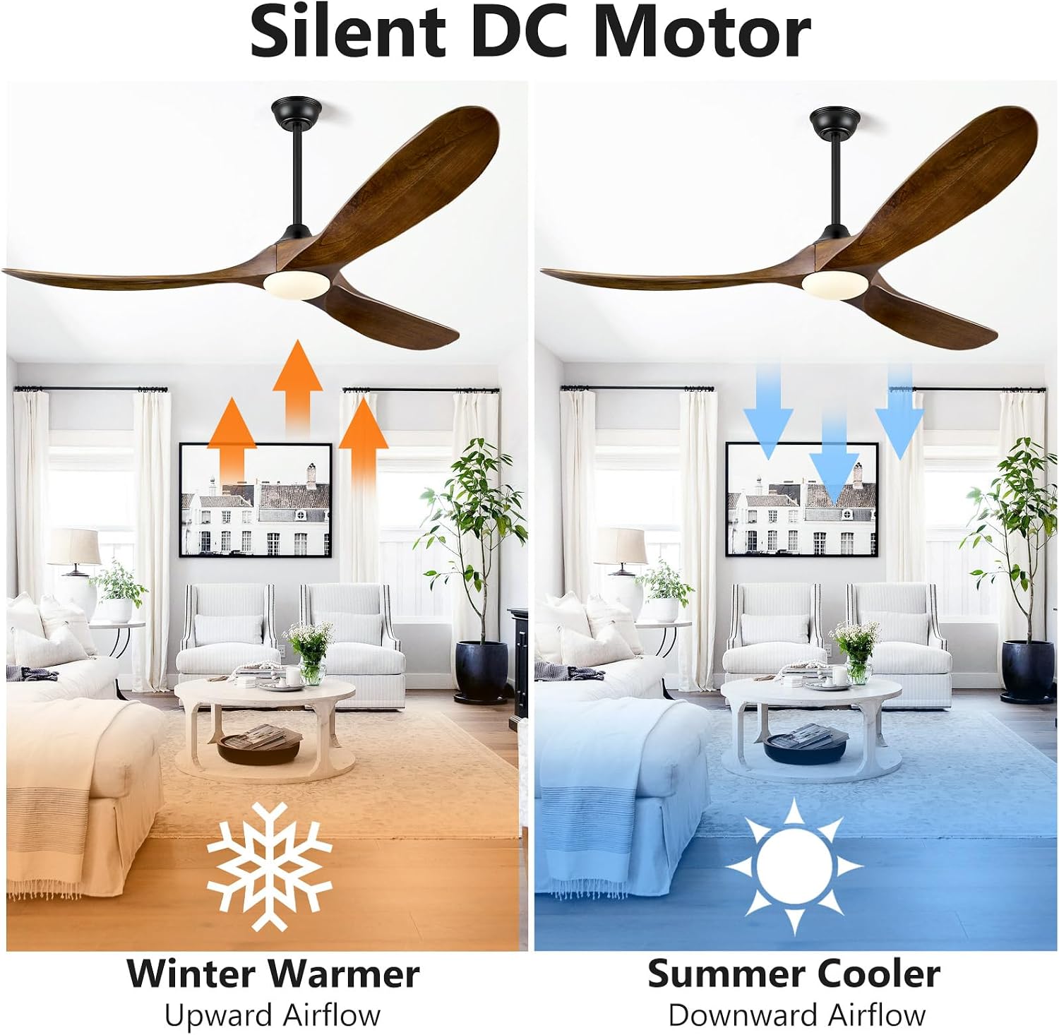ABZ 52 Inch Ceiling Fans with Lights and Remote Control, Outdoor Ceiling Fan with Light 3 Blades Propeller Solid Wood Ceiling Fan for Indoor Bedroom Living Room, Walnut Wood