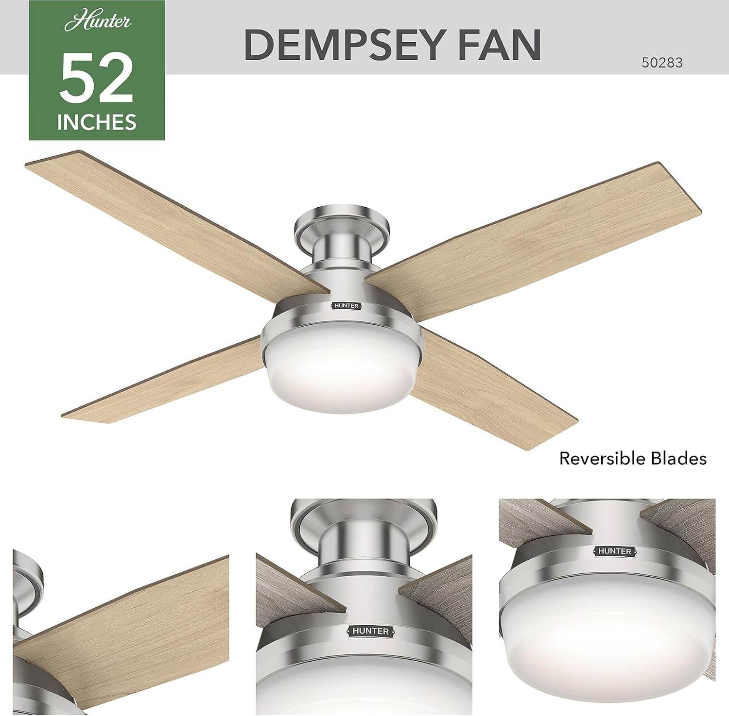 Hunter 52 inch Indoor Ceiling Fan with LED Light and Remote Control- Modern Ceiling Fan, Low Profile Mount, 4 Light Gray Oak Blades, For Bedroom, Living Room, or Kitchen- Dempsey 50283, Brushed Nickel