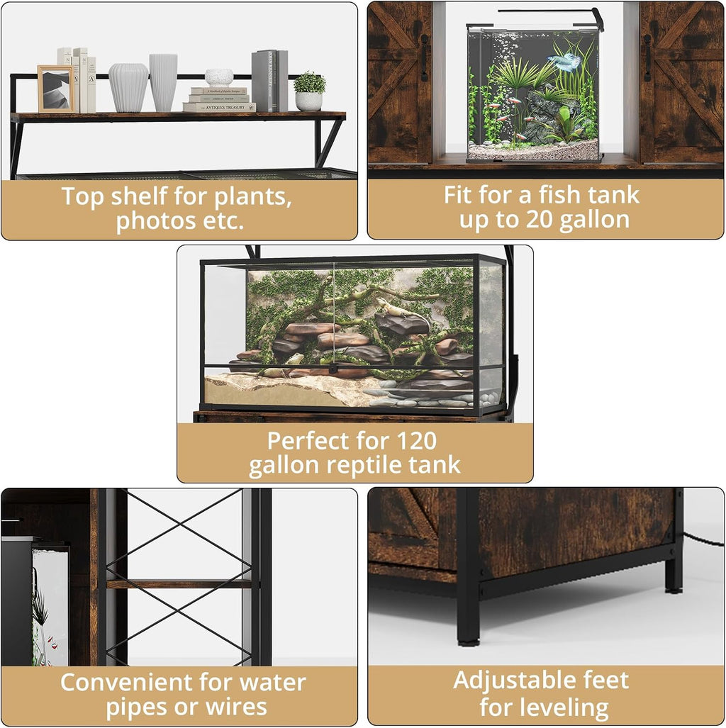 VOWNER Farmhouse Reptile Tank Stand with Power Outlet, 48' X 24' Tabletop Fits up 120 Gallon Bearded Dragon Tank, Heavy Duty Aquarium Stand with Storage Cabinet, Reptile Turtle Terrarium Stand Brown