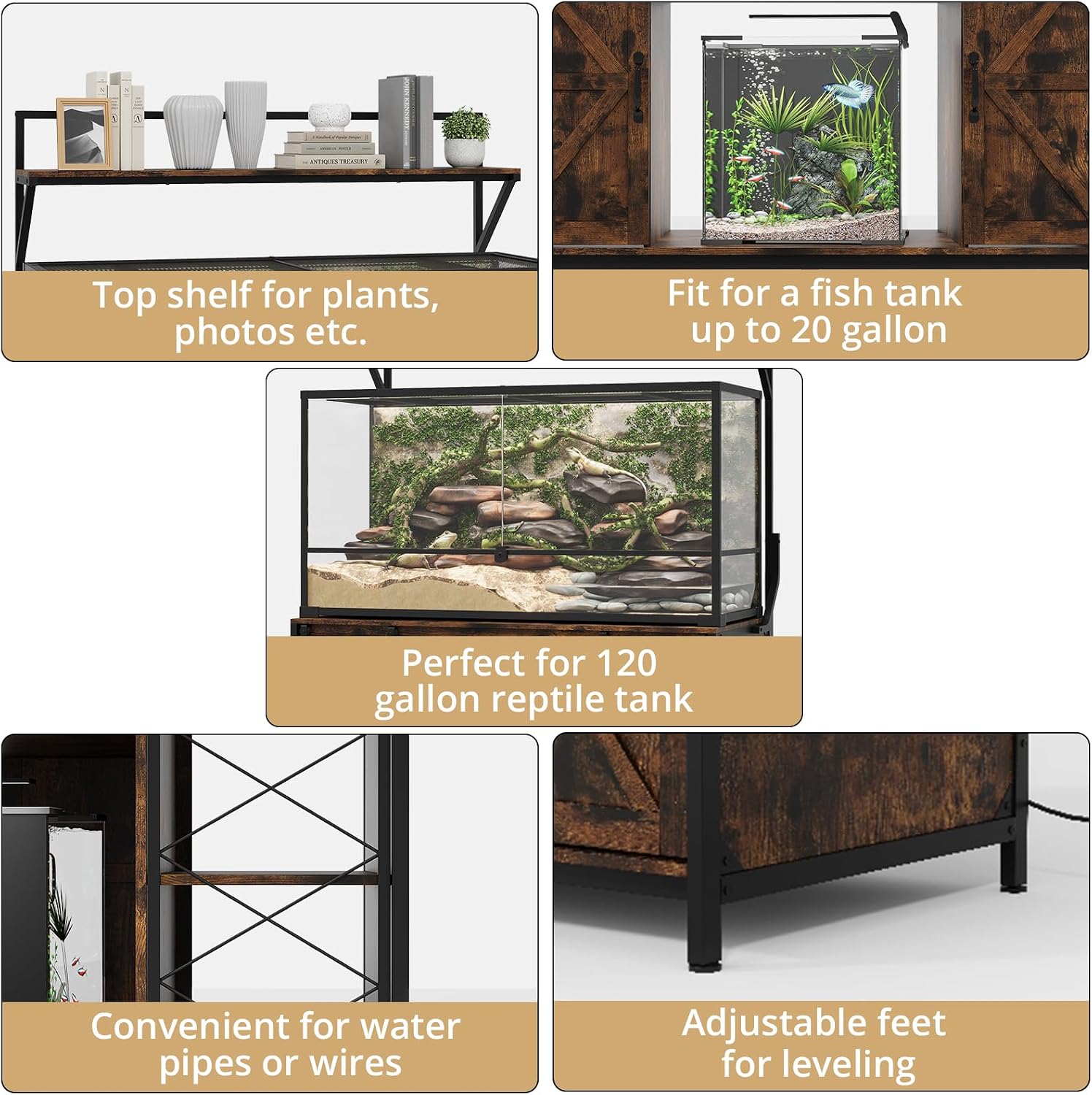 VOWNER Farmhouse Reptile Tank Stand with Power Outlet, 48' X 24' Tabletop Fits up 120 Gallon Bearded Dragon Tank, Heavy Duty Aquarium Stand with Storage Cabinet, Reptile Turtle Terrarium Stand Brown