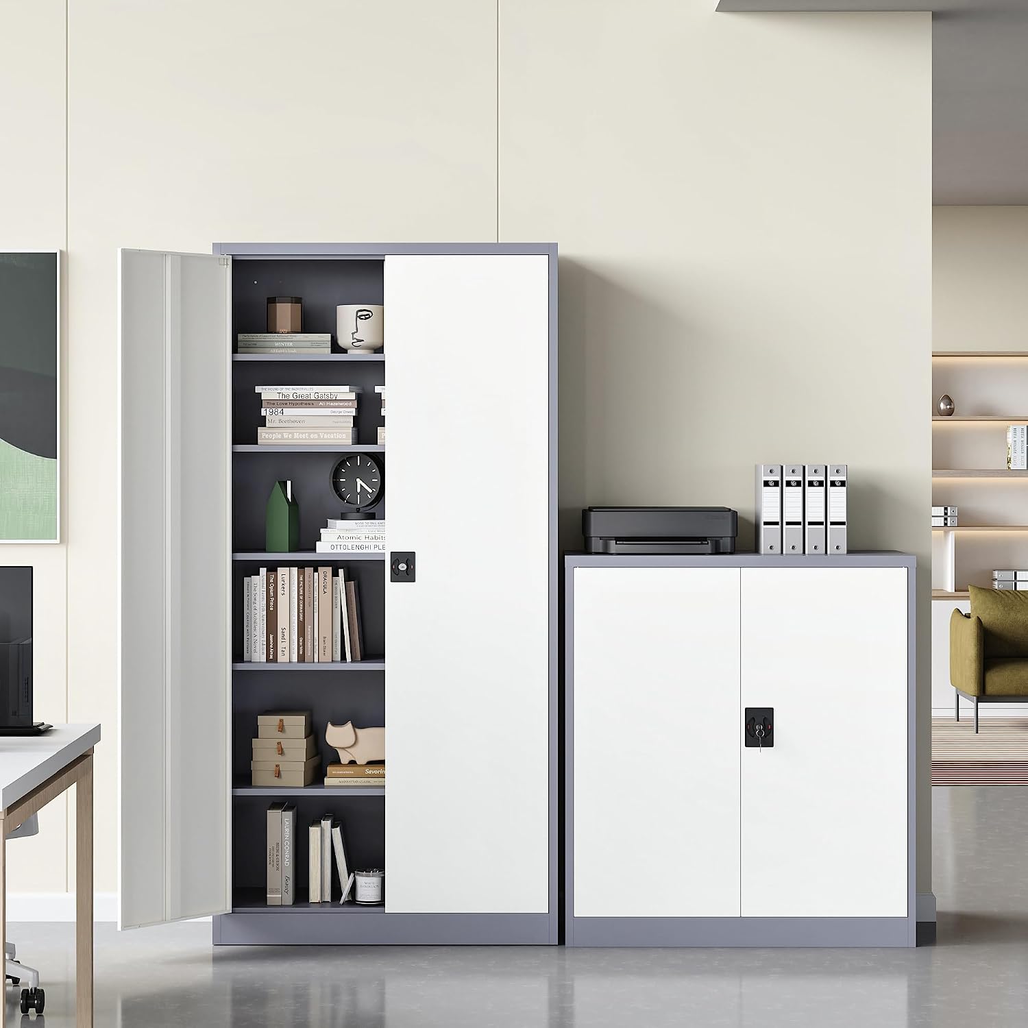 RAVIGIN Metal Garage Storage Cabinet with Lock, 71' Locking Tool Cabinet with 2 Doors and 5 Adjustable Shelves, Tall Steel Cabinet Garage for Home,Office,Warehouse，School (Grey White)