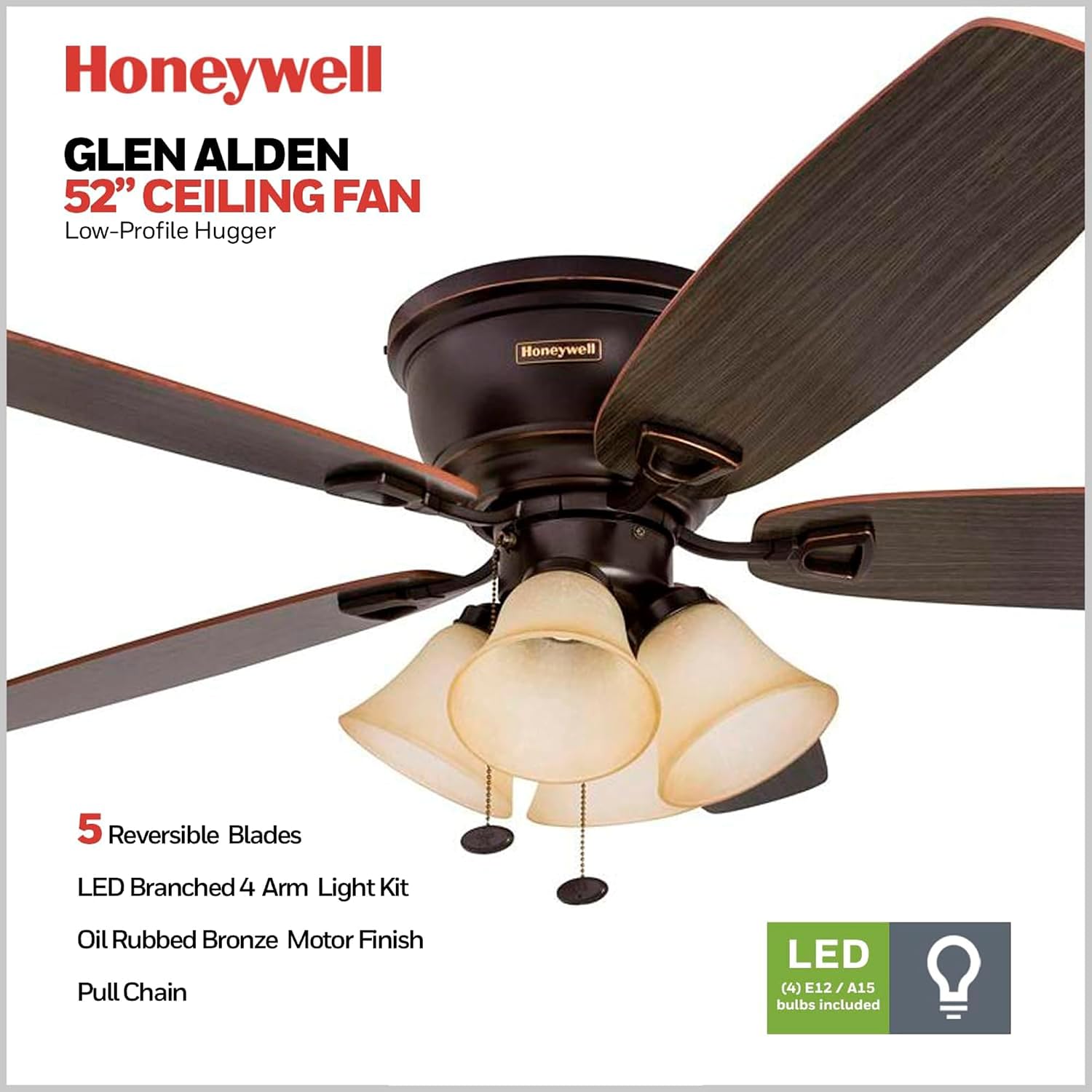 Honeywell Glen Alden 52' Ceiling Fan with Arm Light Kit, Pull Chain, Bronze