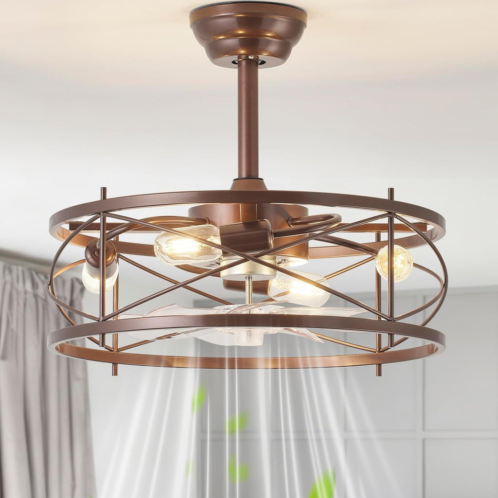 20' Farmhouse Fandelier Ceiling Fan with Light, Caged Bladeless Ceiling Fans with Lights and Remote, Rustic Small Enclosed with 6 Speeds for Bedroom, Kitchen, Living Room, Brown